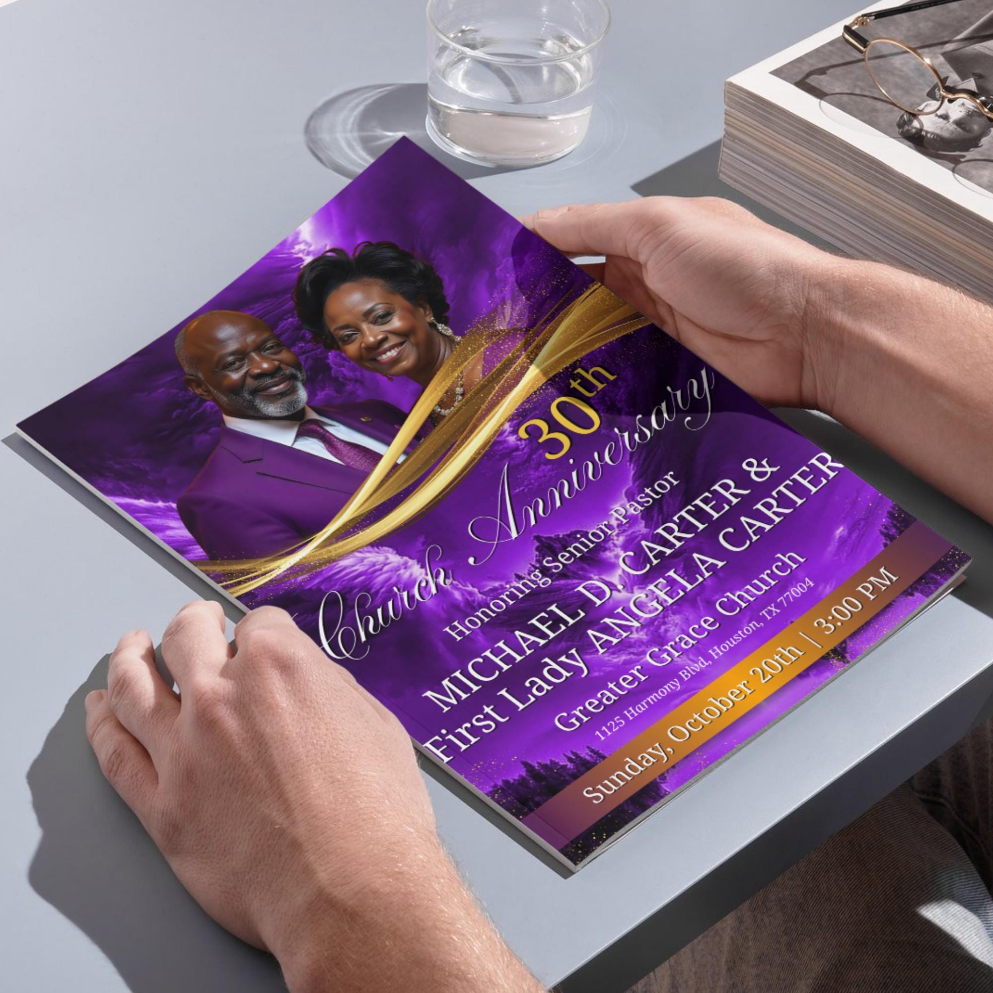 Purple Pastor Anniversary Church Program, Editable Bifold 8.5x11” Design, Church Appreciation Program, Anniversary Faith Celebration - Editable Memorial Canva Template