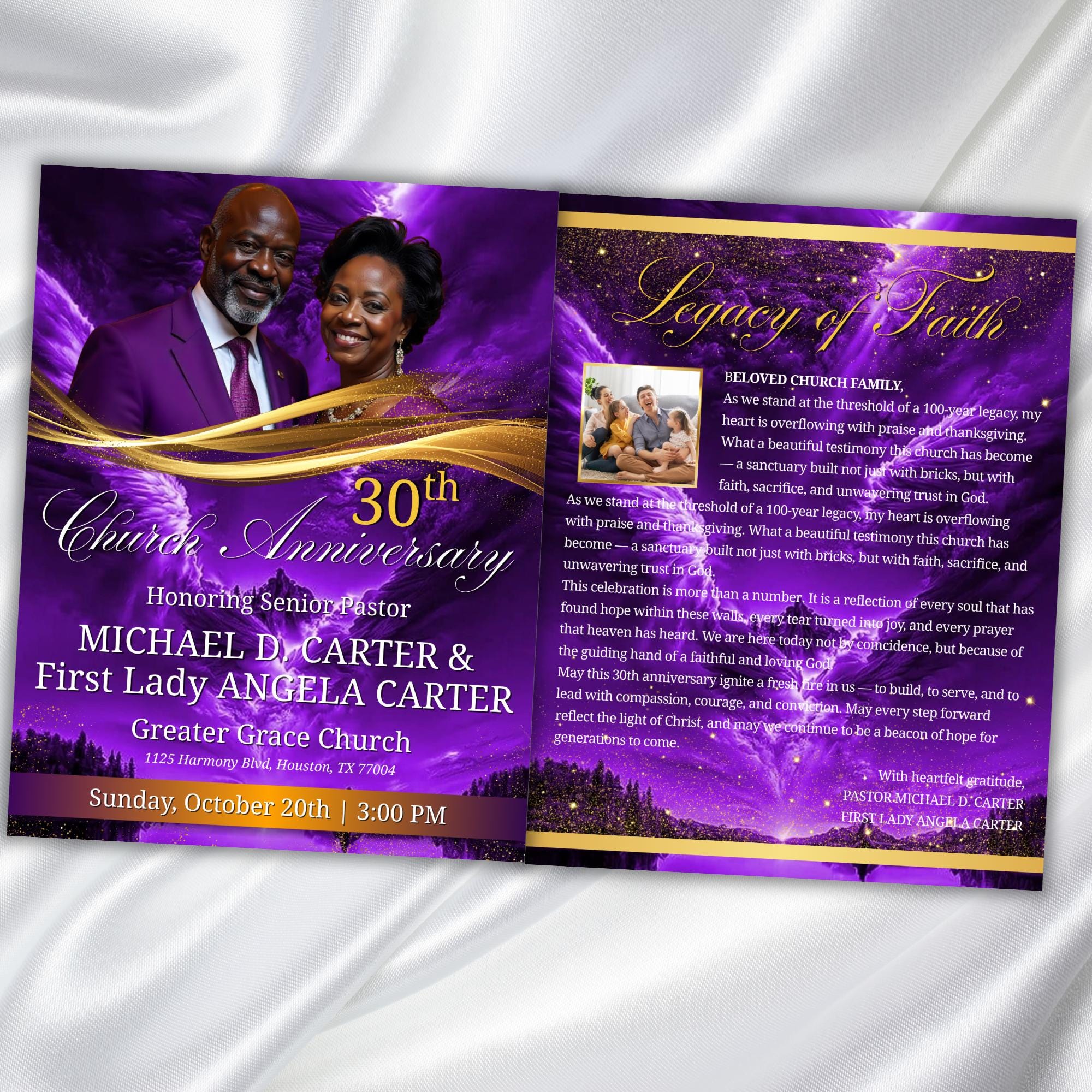 Purple Pastor Anniversary Church Program, Editable Bifold 8.5x11” Design, Church Appreciation Program, Anniversary Faith Celebration - Editable Memorial Canva Template