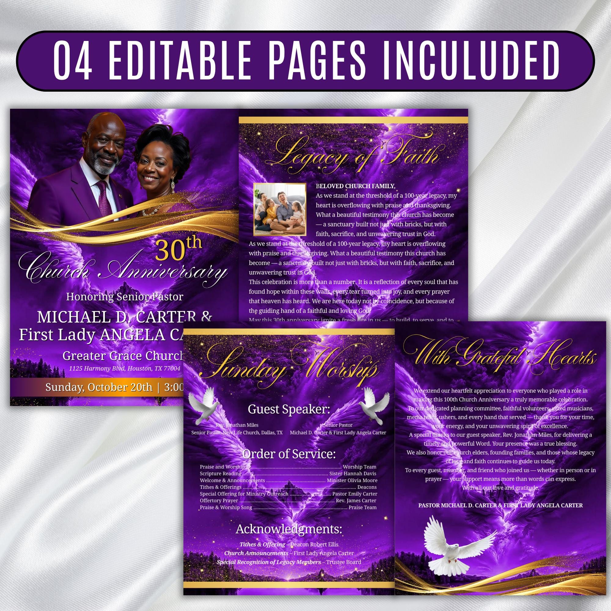 Purple Pastor Anniversary Church Program, Editable Bifold 8.5x11” Design, Church Appreciation Program, Anniversary Faith Celebration - Editable Memorial Canva Template