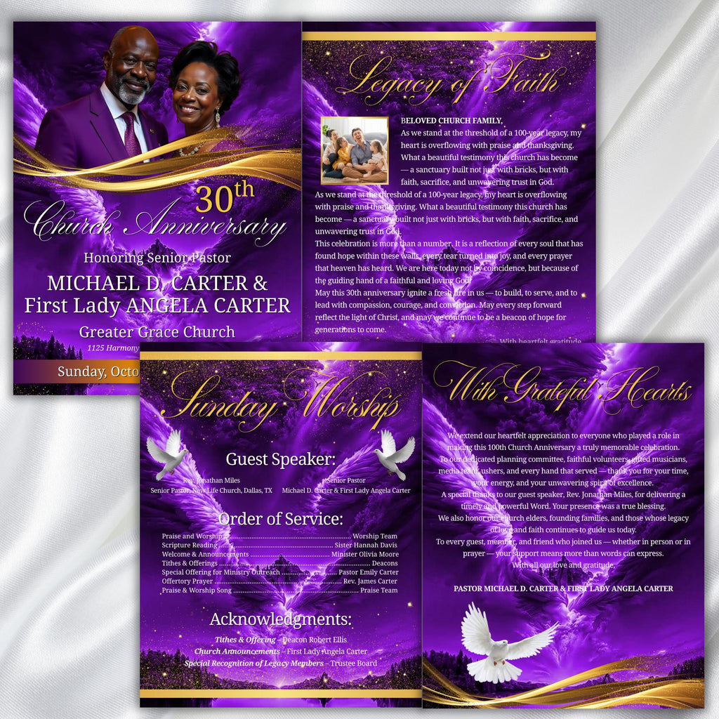 Purple Pastor Anniversary Church Program, Editable Bifold 8.5x11” Design, Church Appreciation Program, Anniversary Faith Celebration - Editable Memorial Canva Template