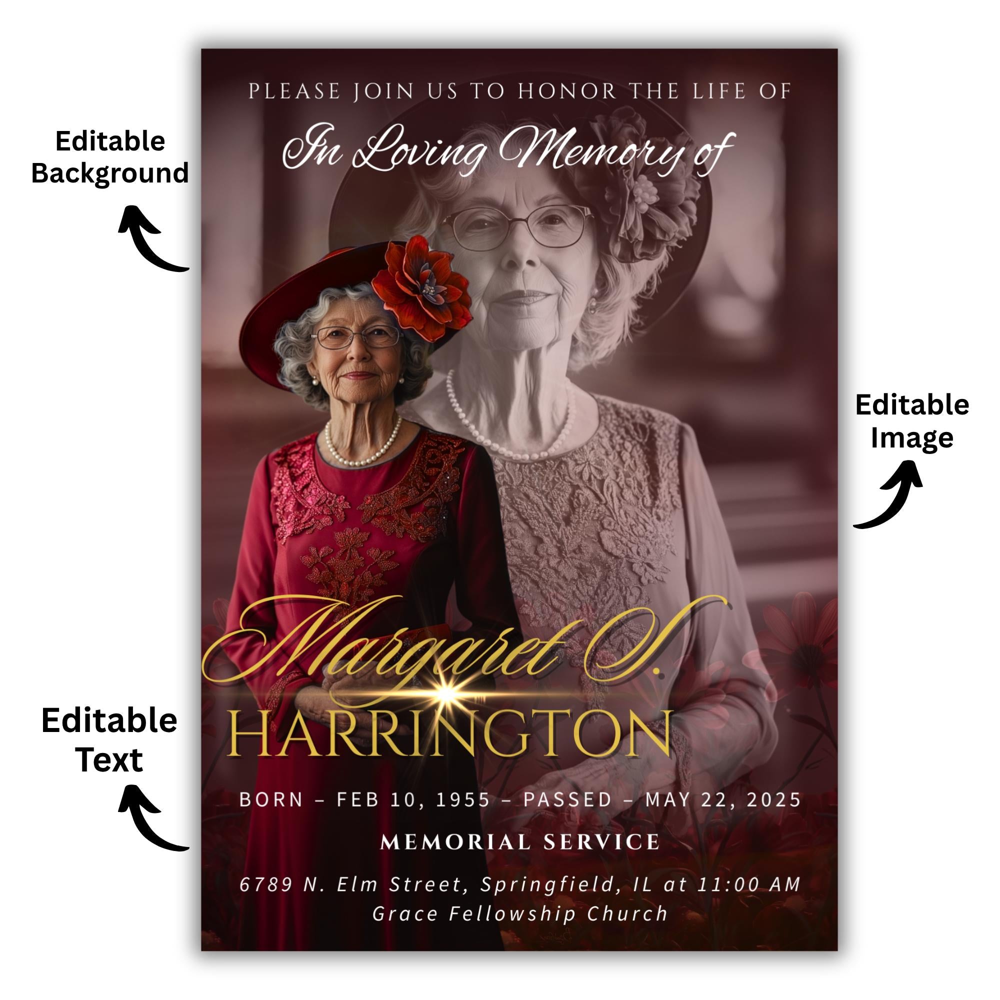 Memorial Red Funeral Announcement Flyer Canva Template, In Loving Memory Template, Funeral Memorial Template, Rest In Piece Template - Editable Memorial Canva Template