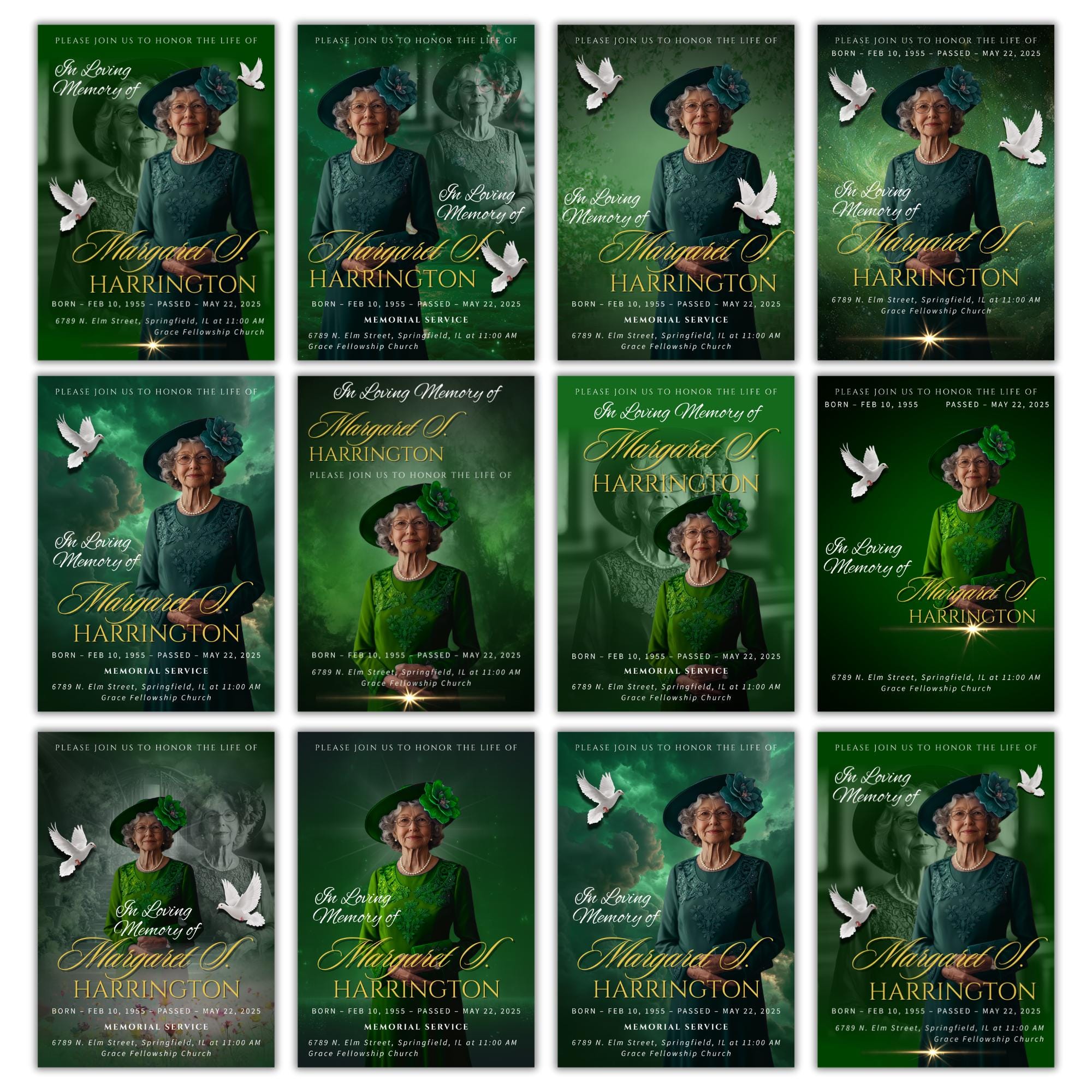 Memorial Green Funeral Announcement Flyer Canva Template, In Loving Memory Template, Funeral Memorial Template, Rest In Piece Template - Editable Memorial Canva Template