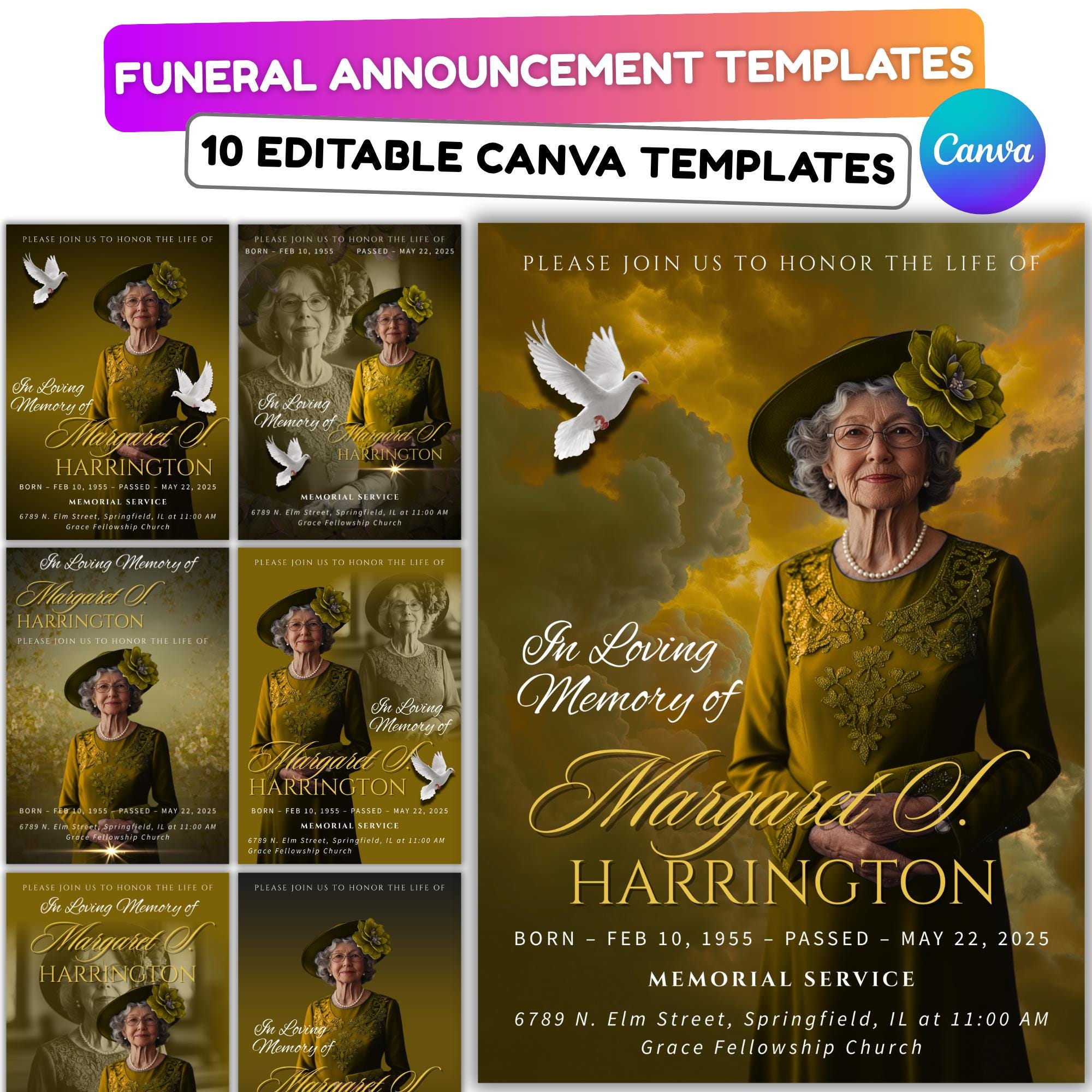 Memorial Yellow Funeral Announcement Flyer Canva Template, In Loving Memory Template, Funeral Memorial Template, Rest In Piece Template - Editable Memorial Canva Template