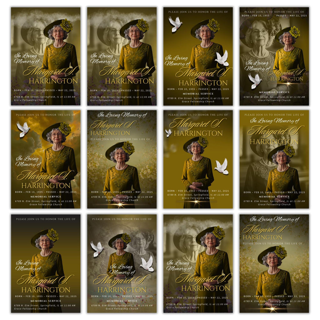 Memorial Yellow Funeral Announcement Flyer Canva Template, In Loving Memory Template, Funeral Memorial Template, Rest In Piece Template - Editable Memorial Canva Template