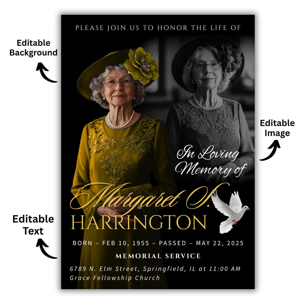 Memorial Black & Gold Funeral Announcement Flyer Canva Template, In Loving Memory Template, Funeral Memorial Template,Rest In Piece Template - Editable Memorial Canva Template