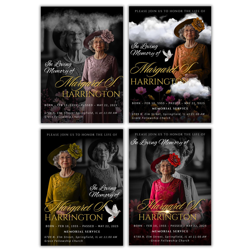 Memorial Black & Gold Funeral Announcement Flyer Canva Template, In Loving Memory Template, Funeral Memorial Template,Rest In Piece Template - Editable Memorial Canva Template