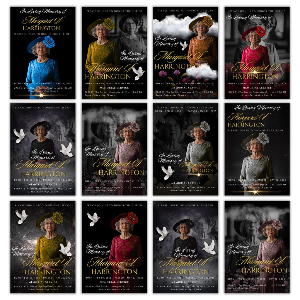 Memorial Black & Gold Funeral Announcement Flyer Canva Template, In Loving Memory Template, Funeral Memorial Template,Rest In Piece Template - Editable Memorial Canva Template