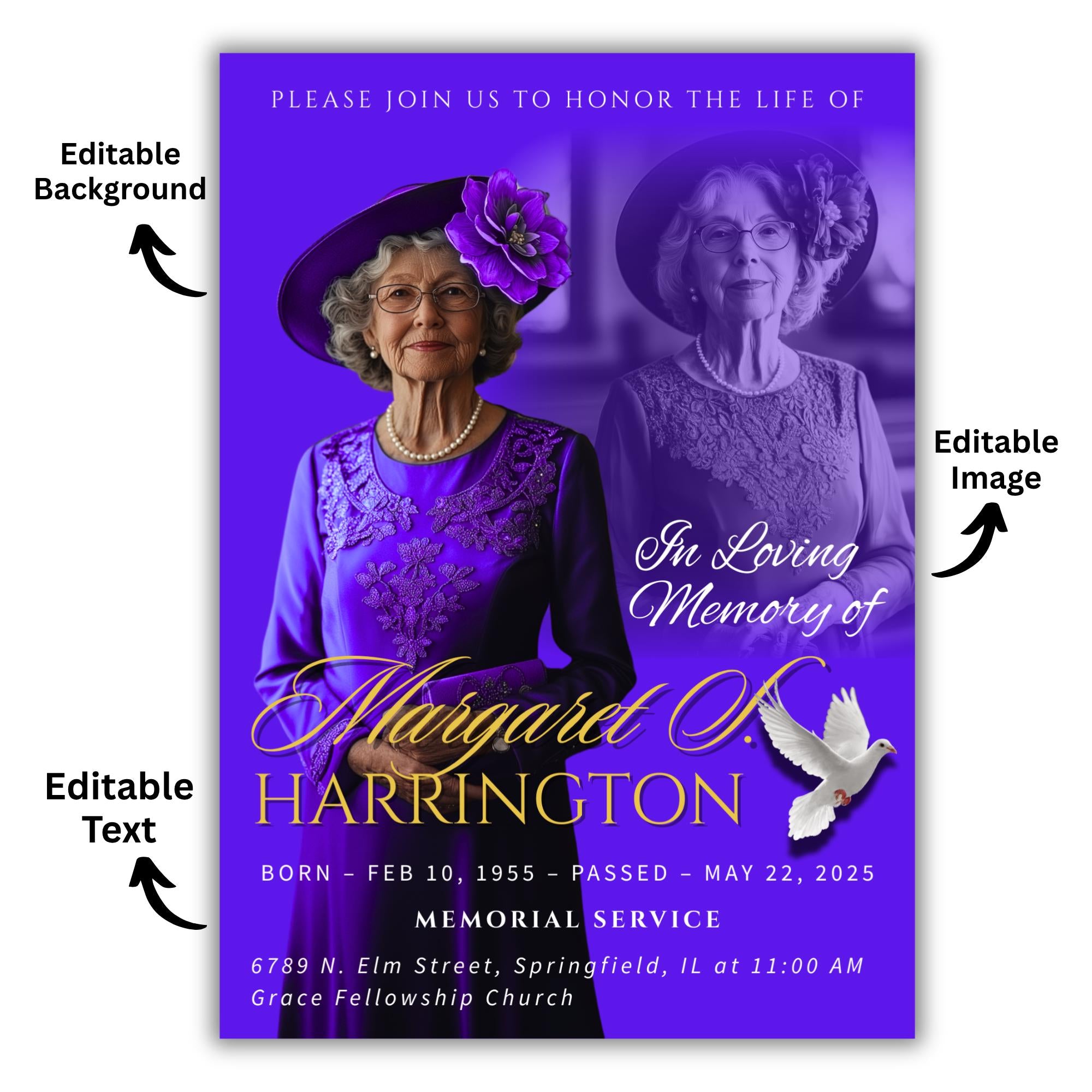 Memorial Blue Funeral Announcement Flyer Canva Template, In Loving Memory Template, Funeral Memorial Template, Rest In Piece Template - Editable Memorial Canva Template
