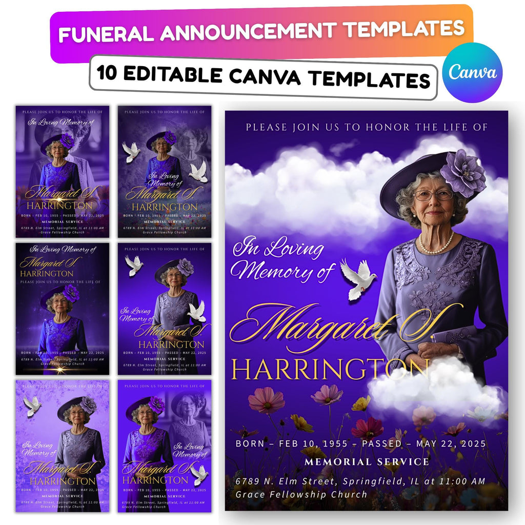 Memorial Blue Funeral Announcement Flyer Canva Template, In Loving Memory Template, Funeral Memorial Template, Rest In Piece Template - Editable Memorial Canva Template