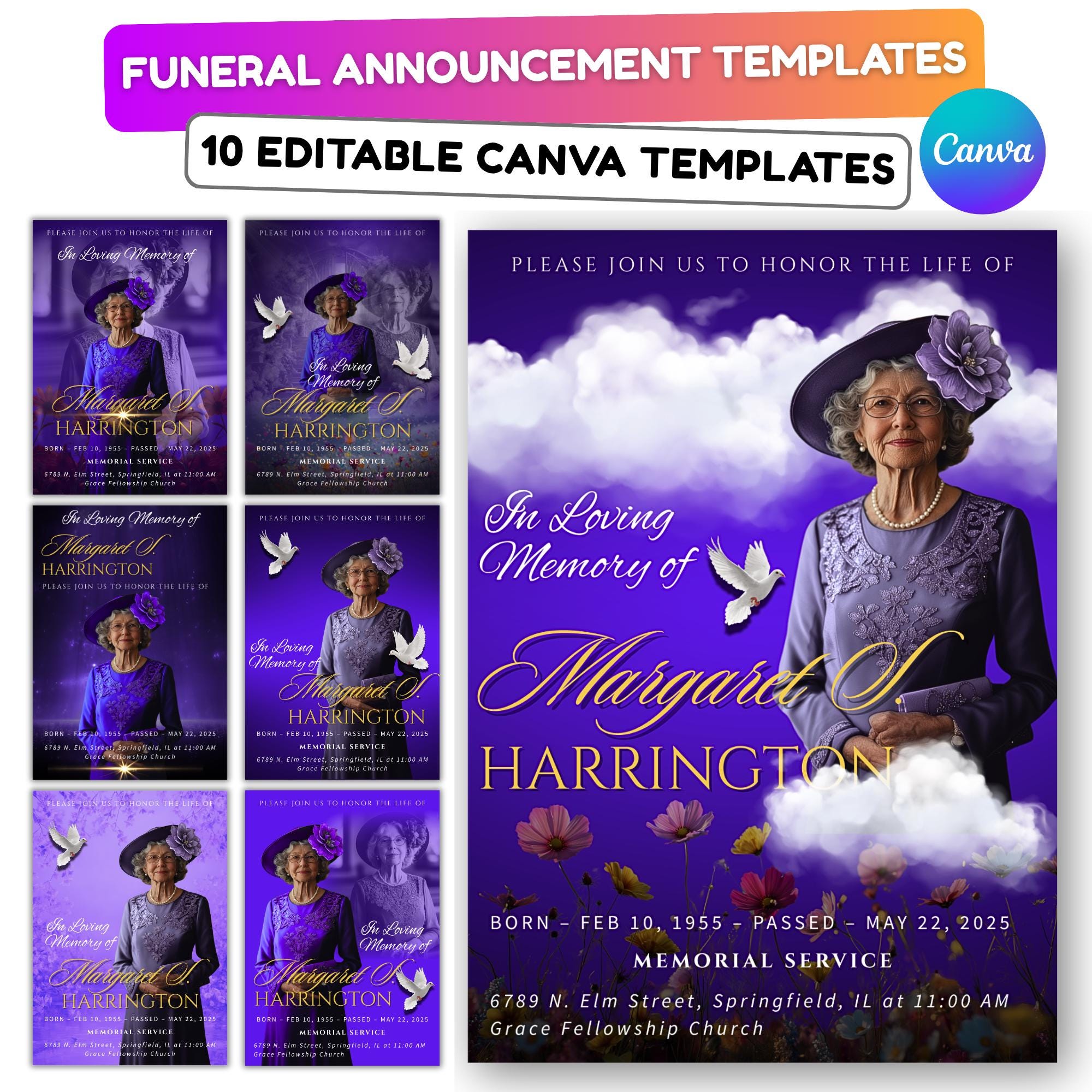 Memorial Blue Funeral Announcement Flyer Canva Template, In Loving Memory Template, Funeral Memorial Template, Rest In Piece Template - Editable Memorial Canva Template