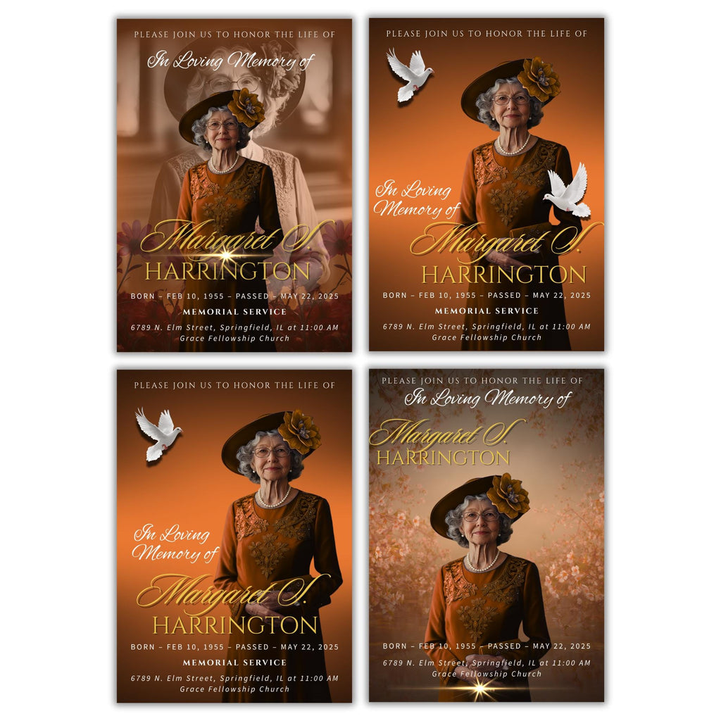 Memorial Golden Funeral Announcement Flyer Canva Template, In Loving Memory Template, Funeral Memorial Template, Rest In Piece Template - Editable Memorial Canva Template
