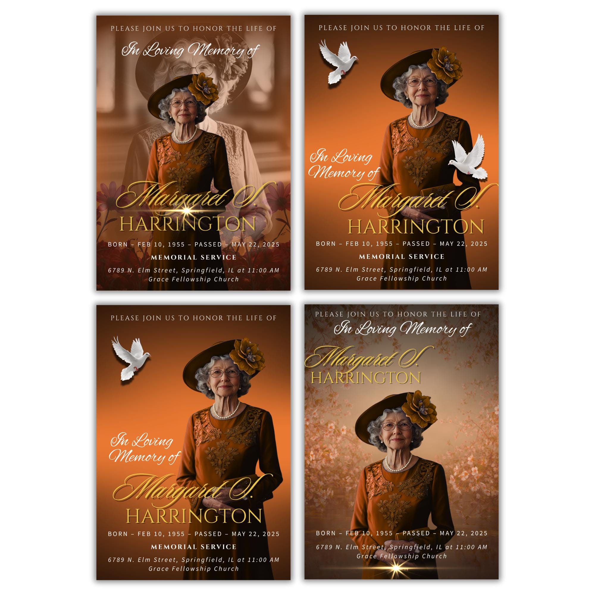 Memorial Golden Funeral Announcement Flyer Canva Template, In Loving Memory Template, Funeral Memorial Template, Rest In Piece Template - Editable Memorial Canva Template