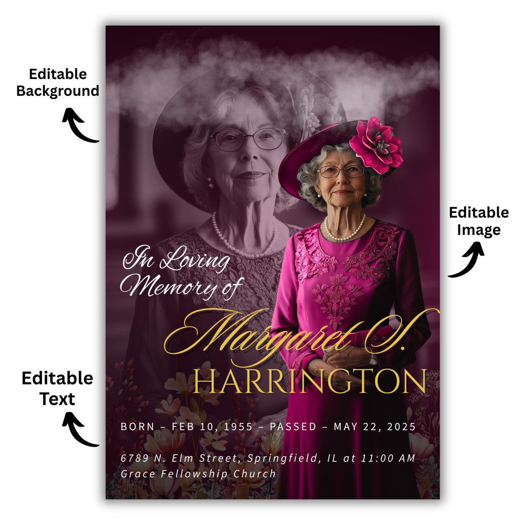 Memorial Purple Funeral Announcement Flyer Canva Template, In Loving Memory Template, Funeral Memorial Template, Rest In Piece Template - Editable Memorial Canva Template