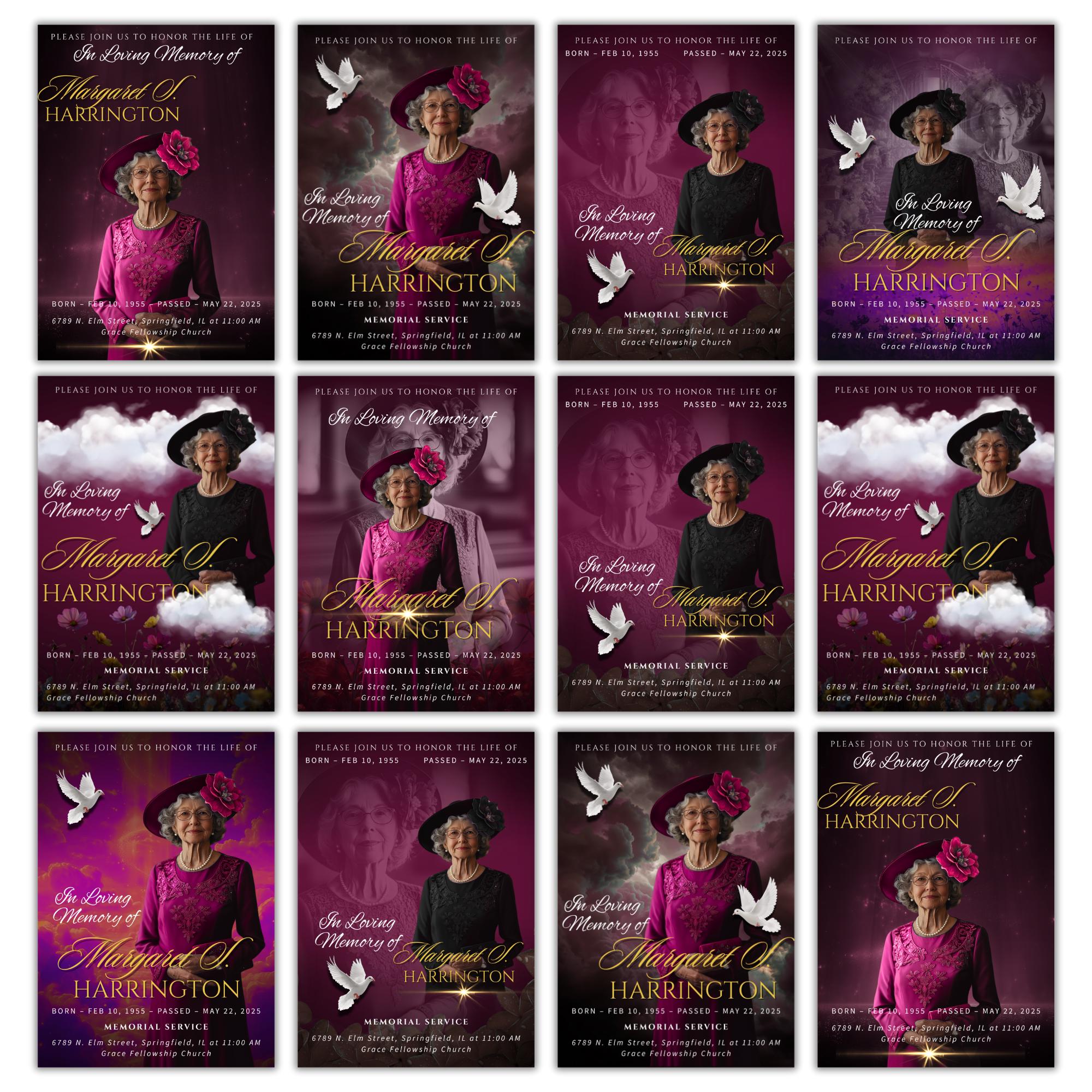Memorial Purple Funeral Announcement Flyer Canva Template, In Loving Memory Template, Funeral Memorial Template, Rest In Piece Template - Editable Memorial Canva Template