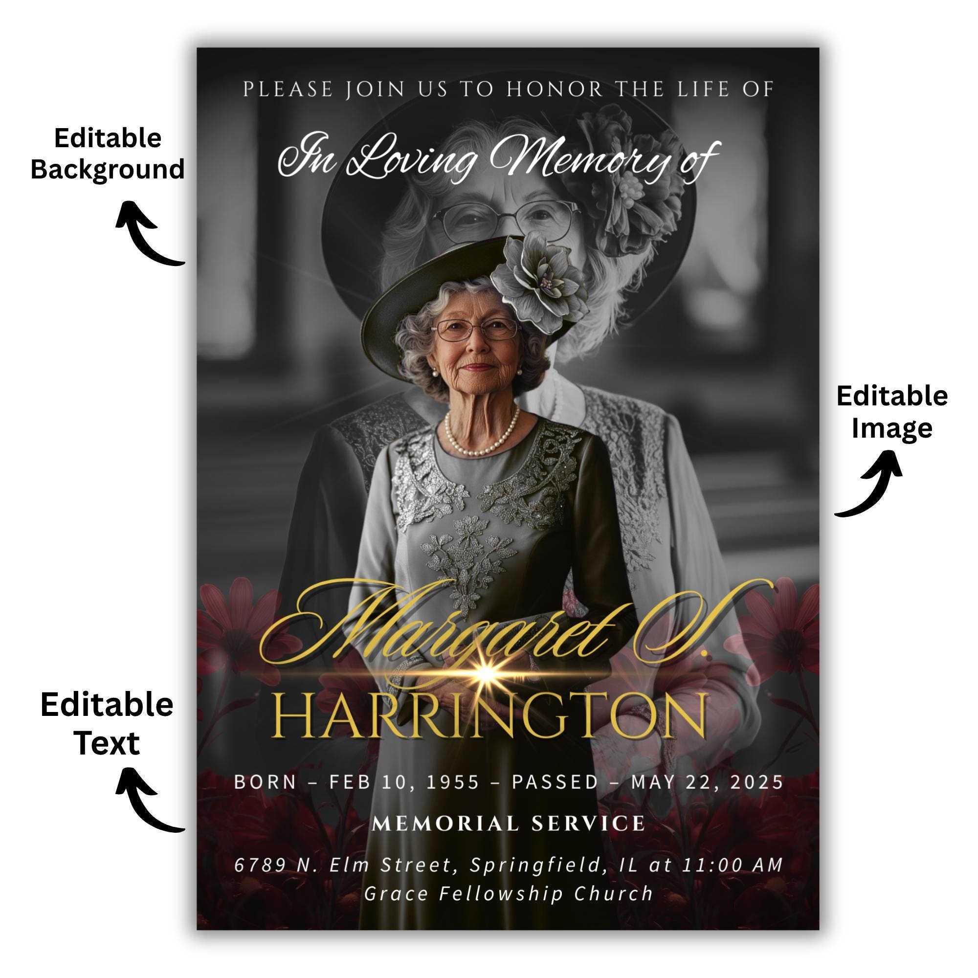 Memorial Black & Gold Funeral Announcement Flyer Canva Template, In Loving Memory Template, Funeral Memorial Template,Rest In Piece Template - Editable Memorial Canva Template