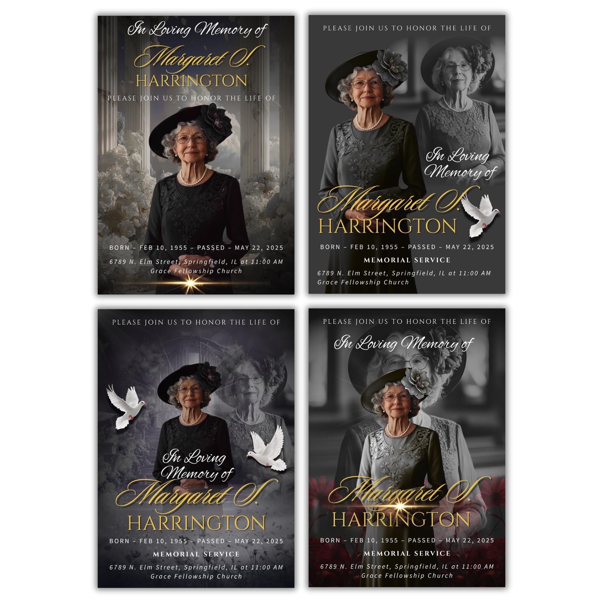 Memorial Black & Gold Funeral Announcement Flyer Canva Template, In Loving Memory Template, Funeral Memorial Template,Rest In Piece Template - Editable Memorial Canva Template
