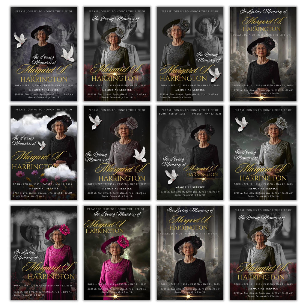 Memorial Black & Gold Funeral Announcement Flyer Canva Template, In Loving Memory Template, Funeral Memorial Template,Rest In Piece Template - Editable Memorial Canva Template