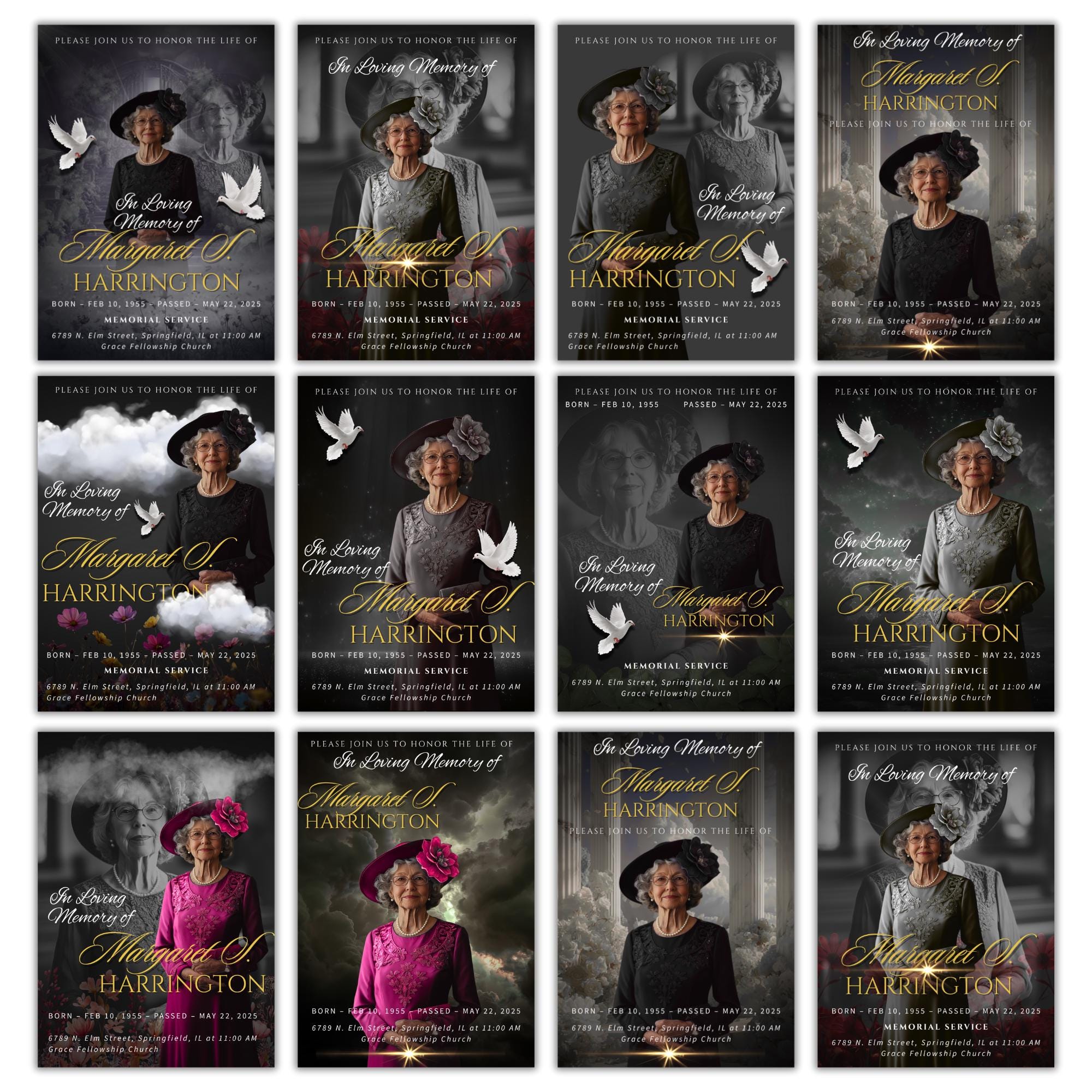 Memorial Black & Gold Funeral Announcement Flyer Canva Template, In Loving Memory Template, Funeral Memorial Template,Rest In Piece Template - Editable Memorial Canva Template