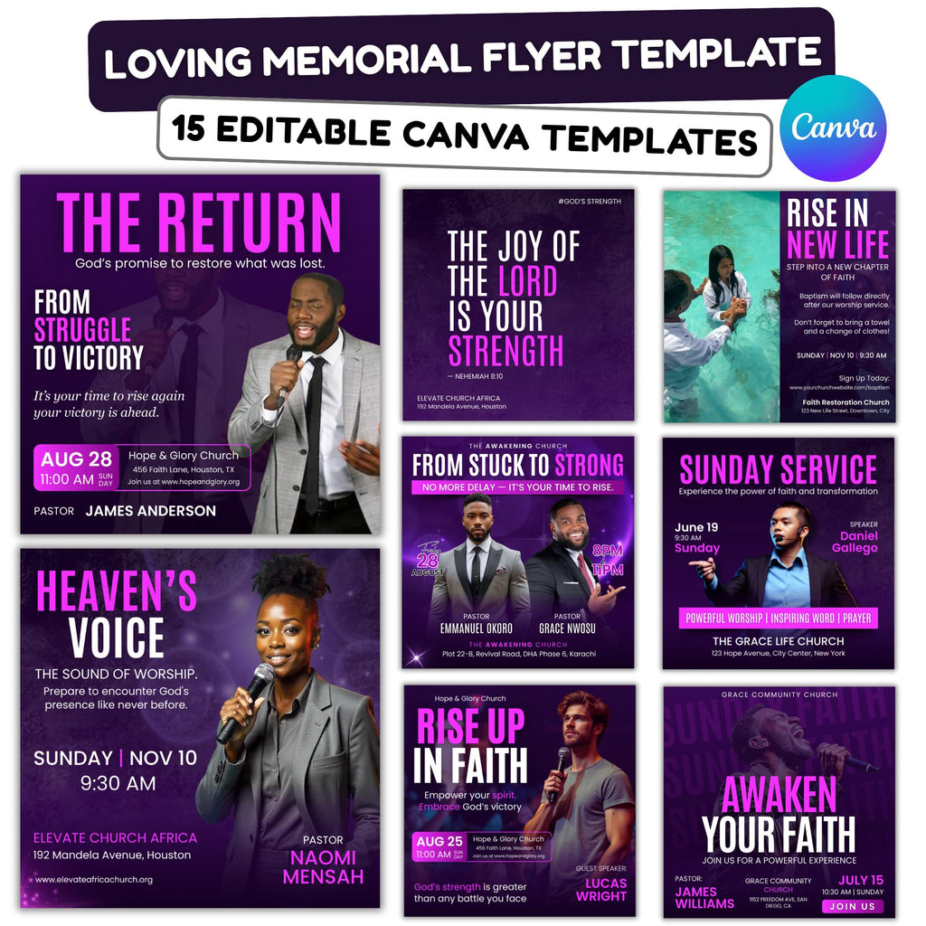 15 Church Worship Flyer Canva Editable Template, Sunday Service Church Flyer, Religious Event Flyer, Praise and Worship, Christian Church - Editable Memorial Canva Template