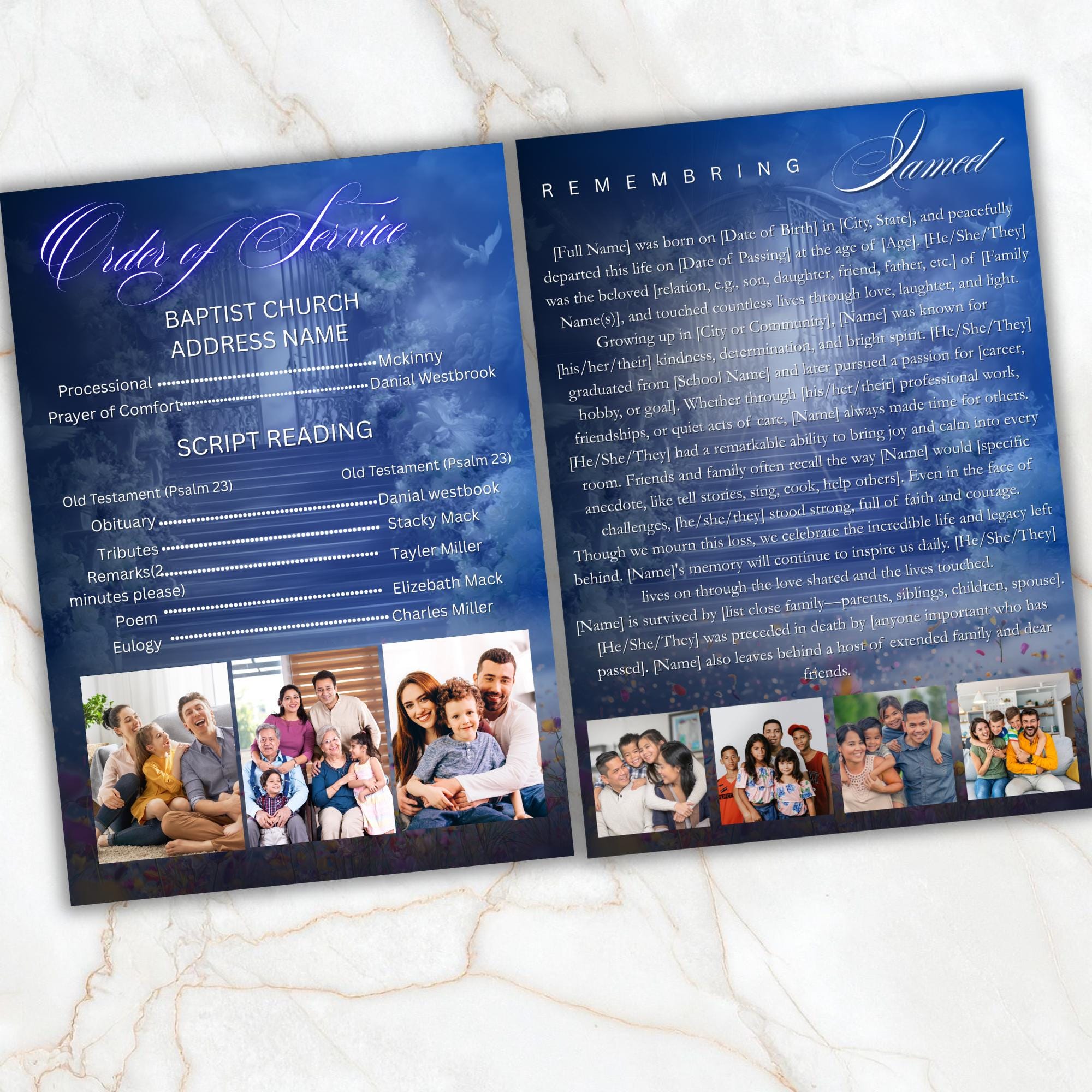4 Pages Memorial Blue Funeral Announcement Flyer Canva Template, In Loving Memory Template, Funeral Memorial Template,Rest In Piece Template - Editable Memorial Canva Template