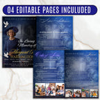 4 Pages Memorial Blue Funeral Announcement Flyer Canva Template, In Loving Memory Template, Funeral Memorial Template,Rest In Piece Template - Editable Memorial Canva Template