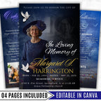 4 Pages Memorial Blue Funeral Announcement Flyer Canva Template, In Loving Memory Template, Funeral Memorial Template,Rest In Piece Template - Editable Memorial Canva Template
