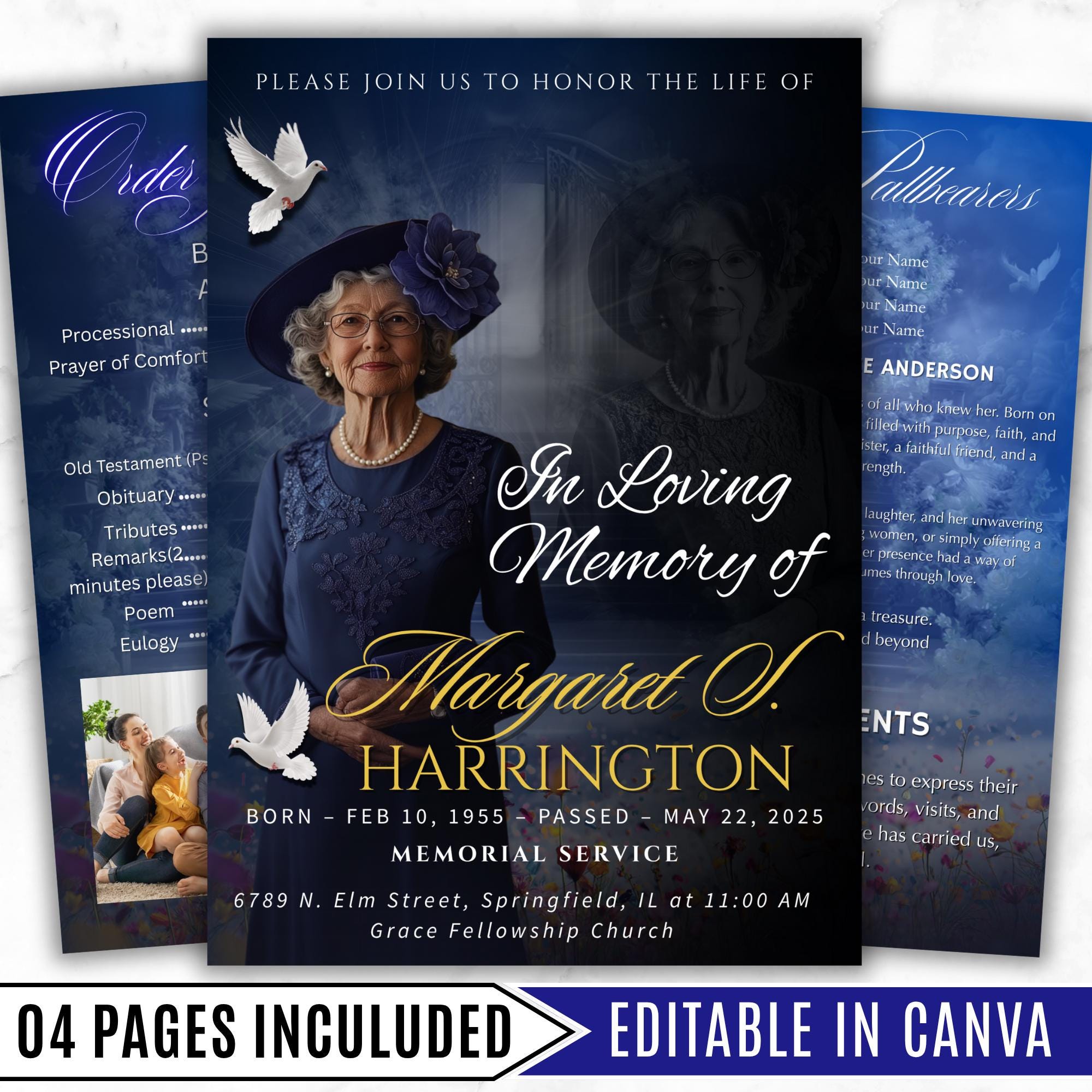 4 Pages Memorial Blue Funeral Announcement Flyer Canva Template, In Loving Memory Template, Funeral Memorial Template,Rest In Piece Template - Editable Memorial Canva Template