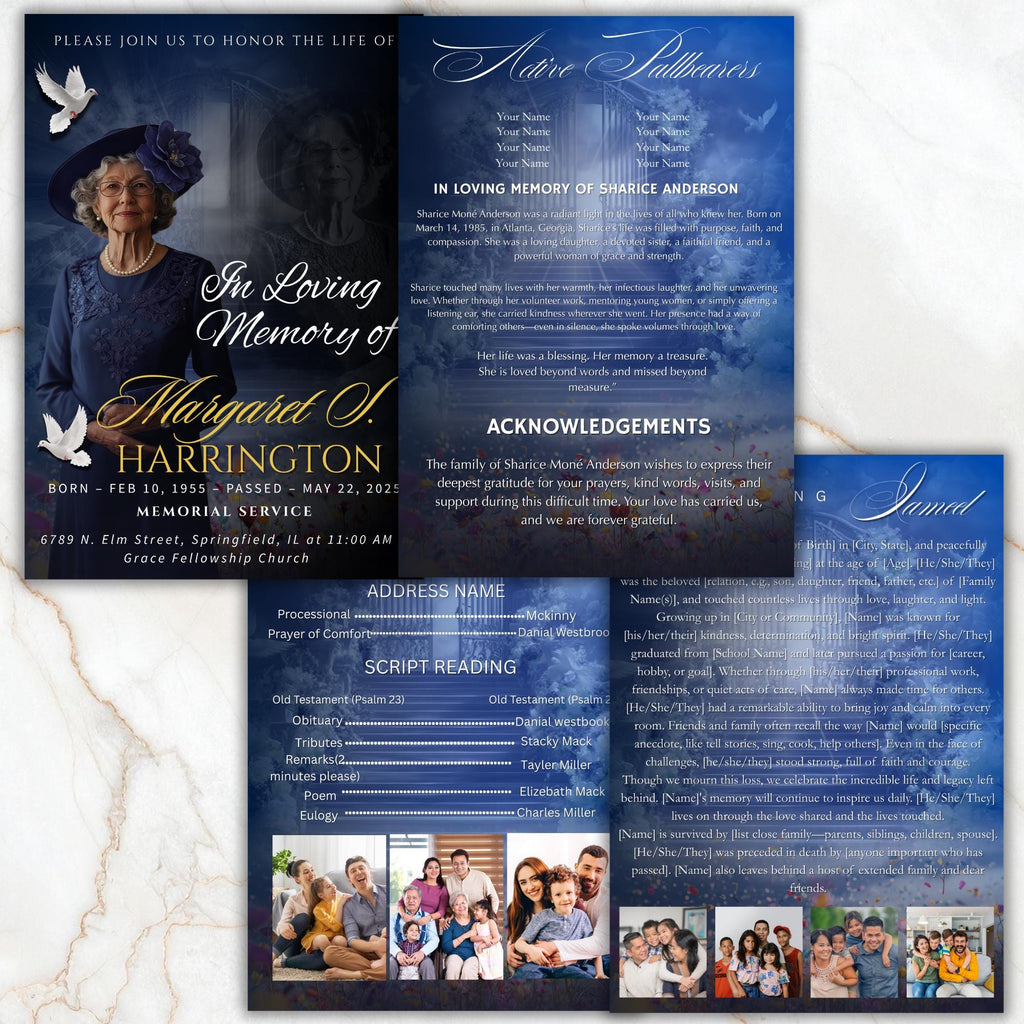 4 Pages Memorial Blue Funeral Announcement Flyer Canva Template, In Loving Memory Template, Funeral Memorial Template,Rest In Piece Template - Editable Memorial Canva Template