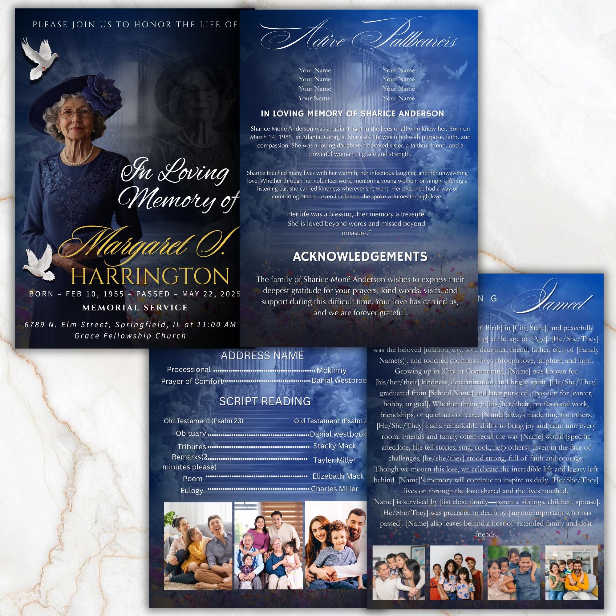 4 Pages Memorial Blue Funeral Announcement Flyer Canva Template, In Loving Memory Template, Funeral Memorial Template,Rest In Piece Template - Editable Memorial Canva Template