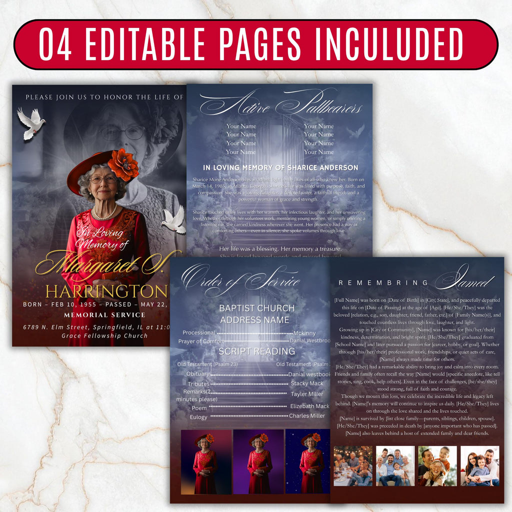 4 Pages Memorial Funeral Announcement Flyer Canva Template, In Loving Memory Template, Funeral Memorial Template, Rest In Piece Template - Editable Memorial Canva Template