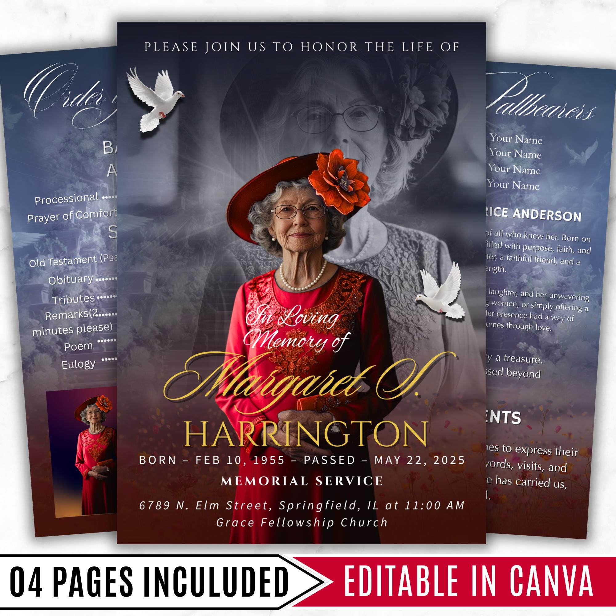 4 Pages Memorial Funeral Announcement Flyer Canva Template, In Loving Memory Template, Funeral Memorial Template, Rest In Piece Template - Editable Memorial Canva Template
