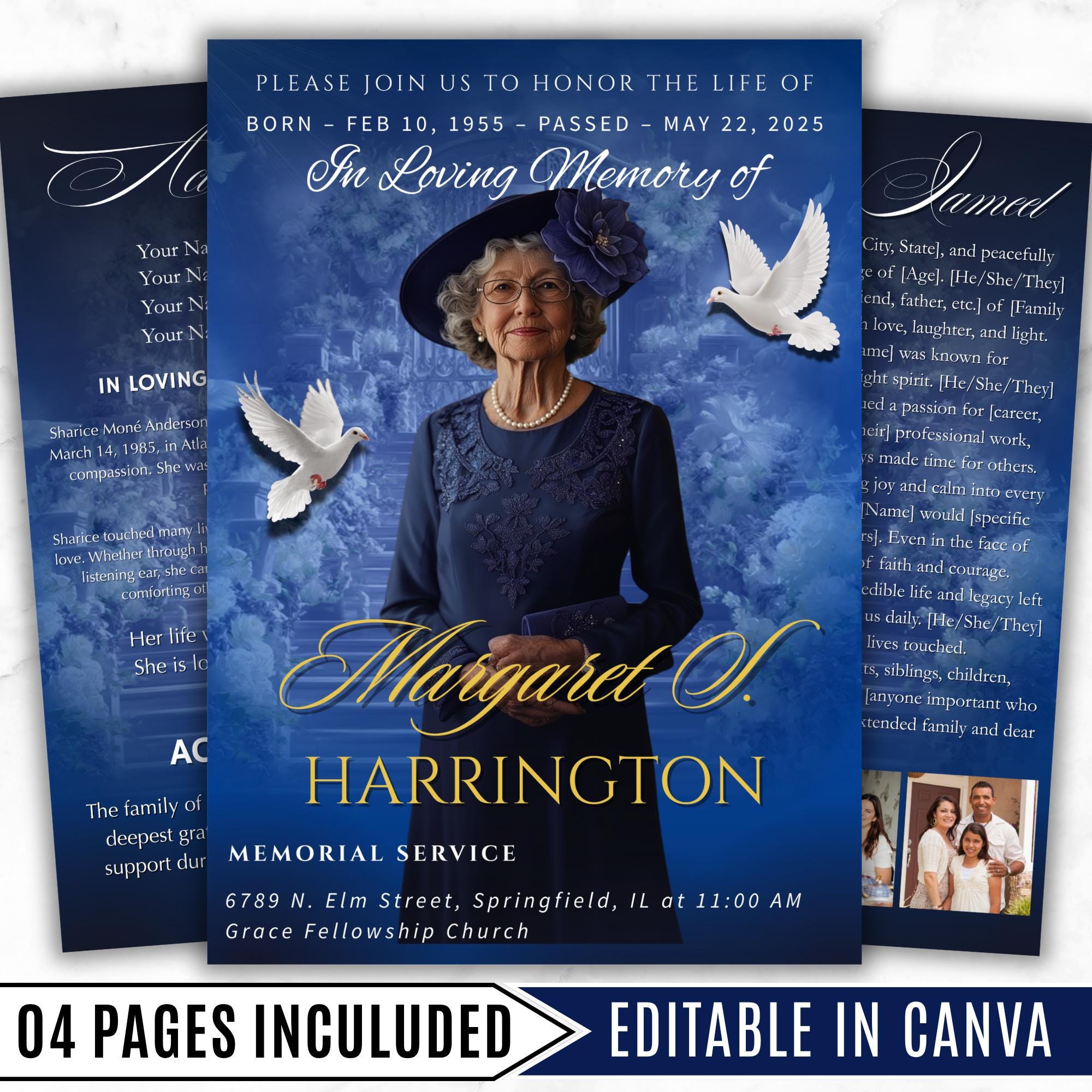 4 Pages Memorial Blue Funeral Announcement Flyer Canva Template, In Loving Memory Template, Funeral Memorial Template,Rest In Piece Template - Editable Memorial Canva Template