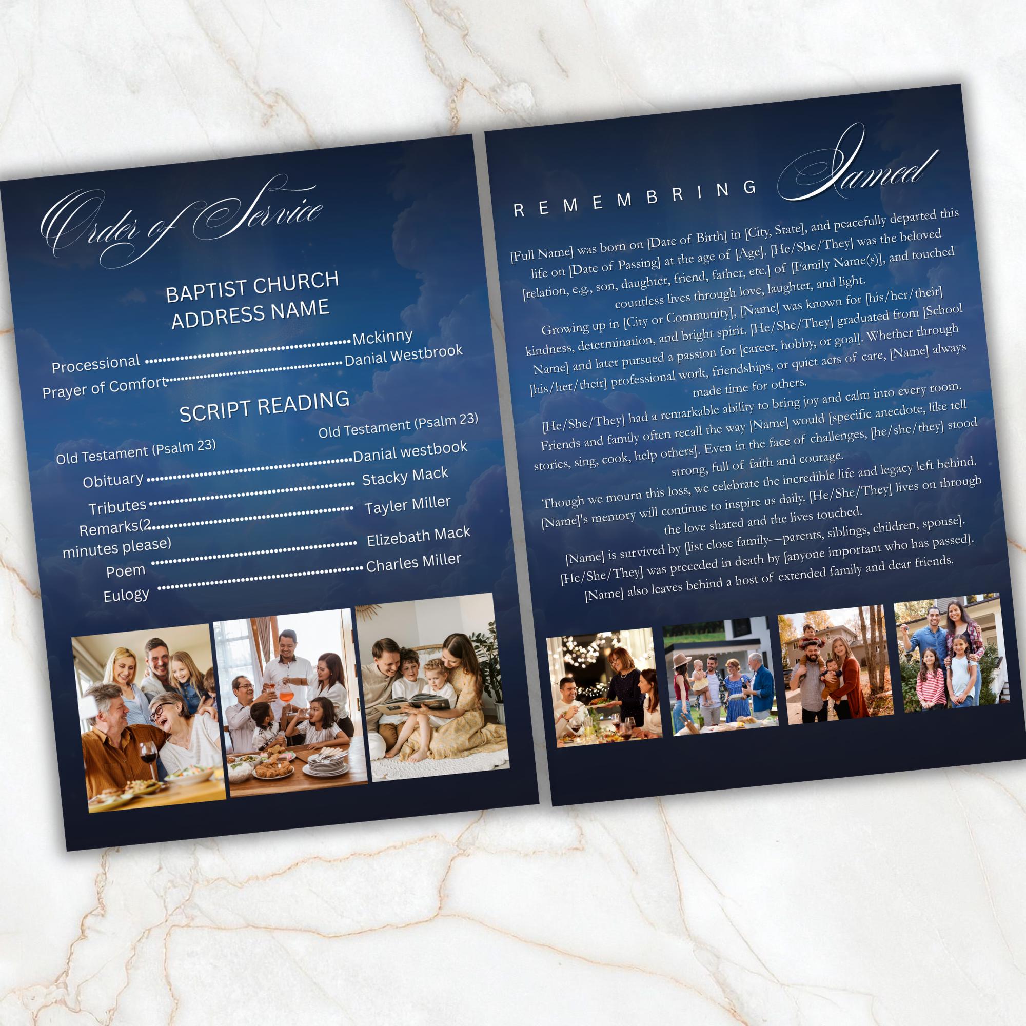 4 Pages Memorial Blue Funeral Announcement Flyer Canva Template, In Loving Memory Template, Funeral Memorial Template,Rest In Piece Template - Editable Memorial Canva Template