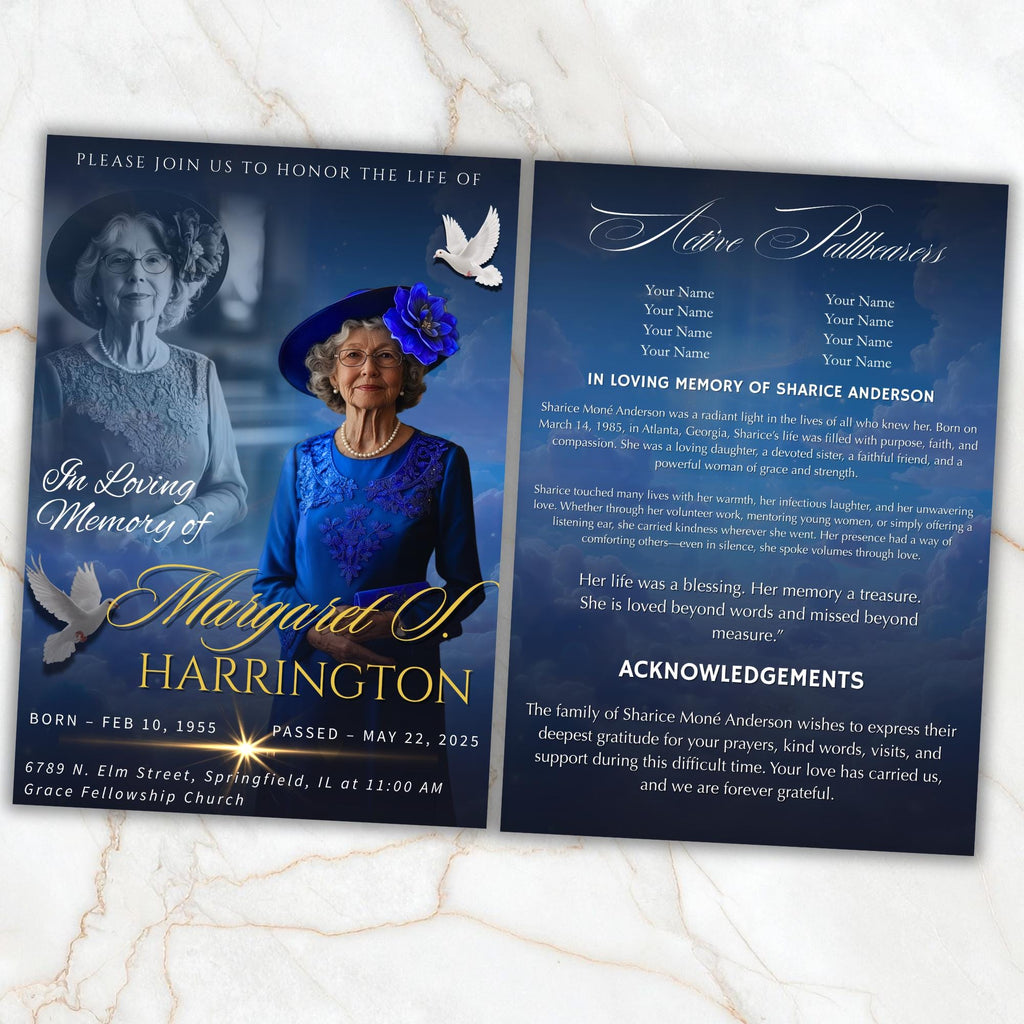 4 Pages Memorial Blue Funeral Announcement Flyer Canva Template, In Loving Memory Template, Funeral Memorial Template,Rest In Piece Template - Editable Memorial Canva Template