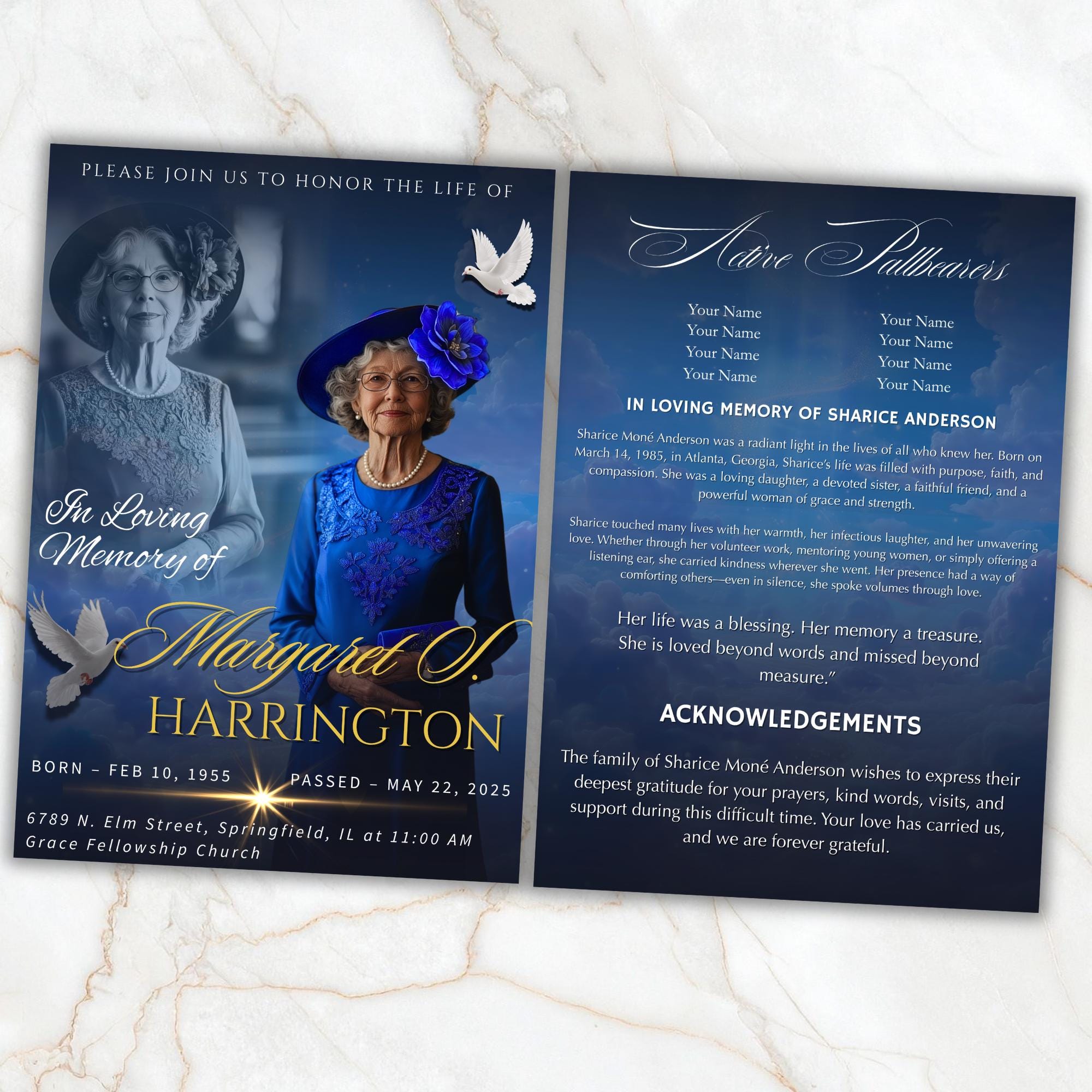 4 Pages Memorial Blue Funeral Announcement Flyer Canva Template, In Loving Memory Template, Funeral Memorial Template,Rest In Piece Template - Editable Memorial Canva Template