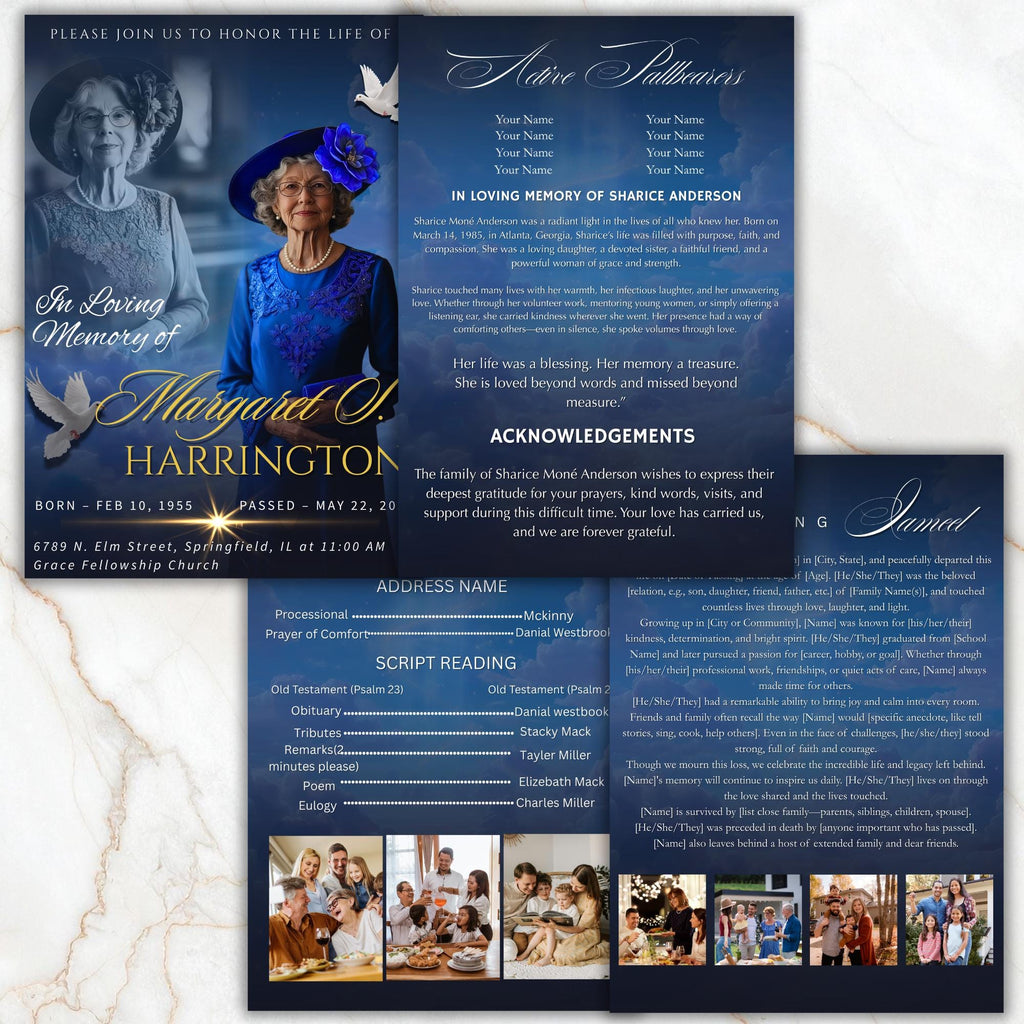 4 Pages Memorial Blue Funeral Announcement Flyer Canva Template, In Loving Memory Template, Funeral Memorial Template,Rest In Piece Template - Editable Memorial Canva Template