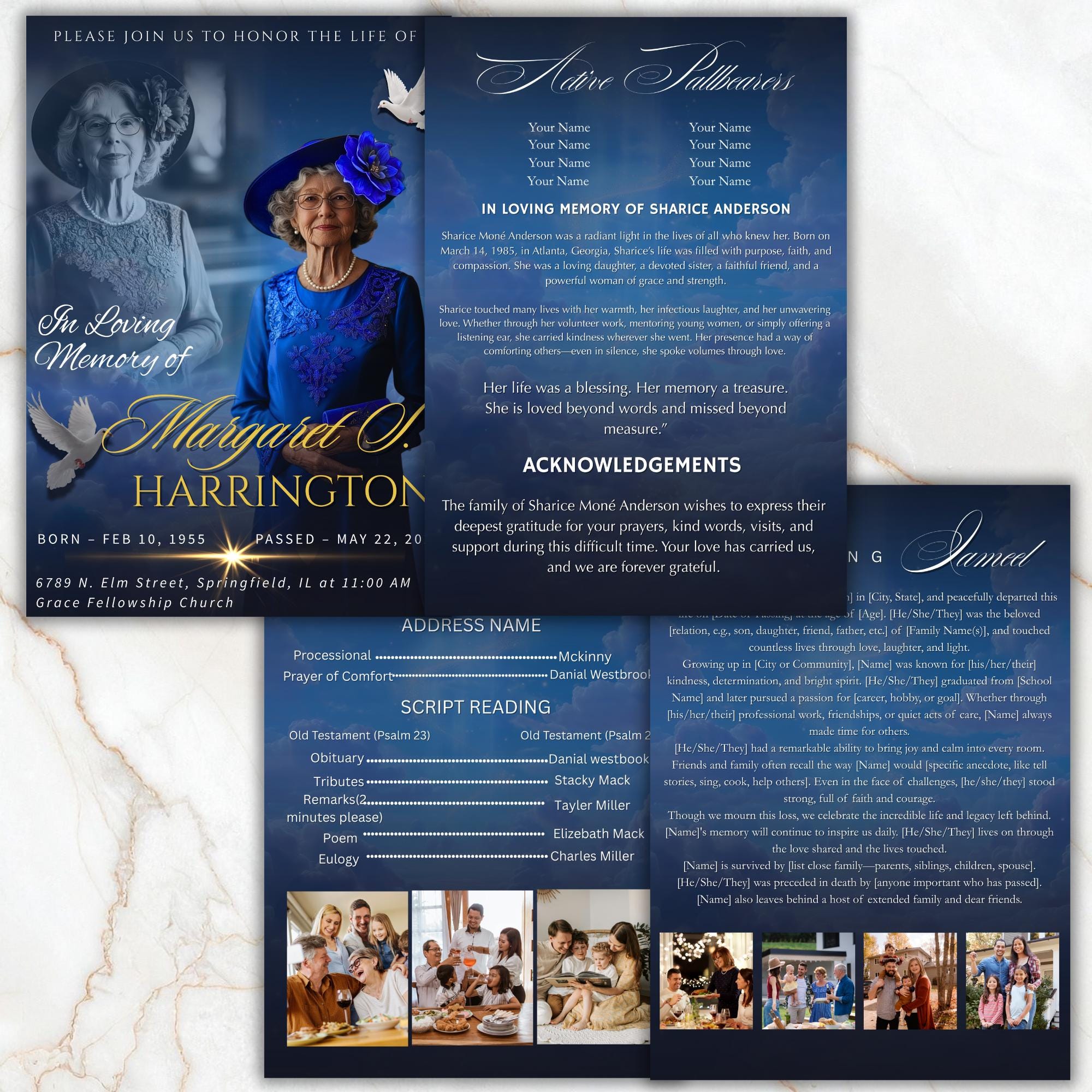 4 Pages Memorial Blue Funeral Announcement Flyer Canva Template, In Loving Memory Template, Funeral Memorial Template,Rest In Piece Template - Editable Memorial Canva Template
