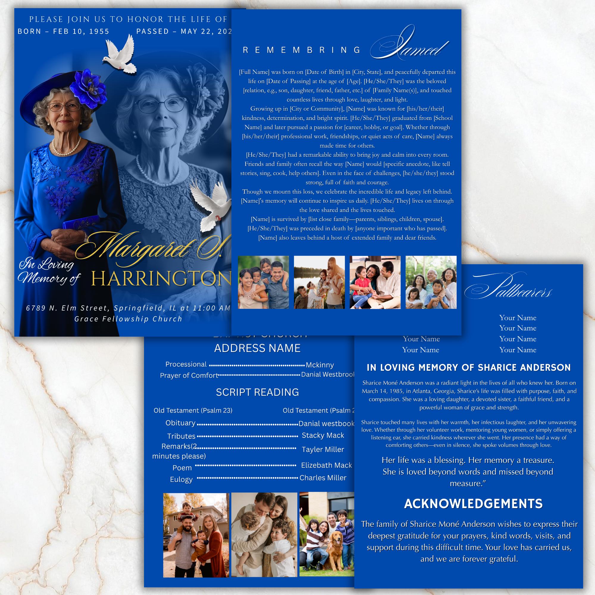 4 Pages Memorial Blue Funeral Announcement Flyer Canva Template, In Loving Memory Template, Funeral Memorial Template,Rest In Piece Template - Editable Memorial Canva Template