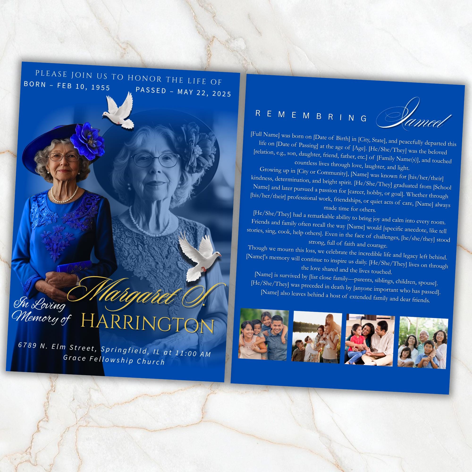 4 Pages Memorial Blue Funeral Announcement Flyer Canva Template, In Loving Memory Template, Funeral Memorial Template,Rest In Piece Template - Editable Memorial Canva Template