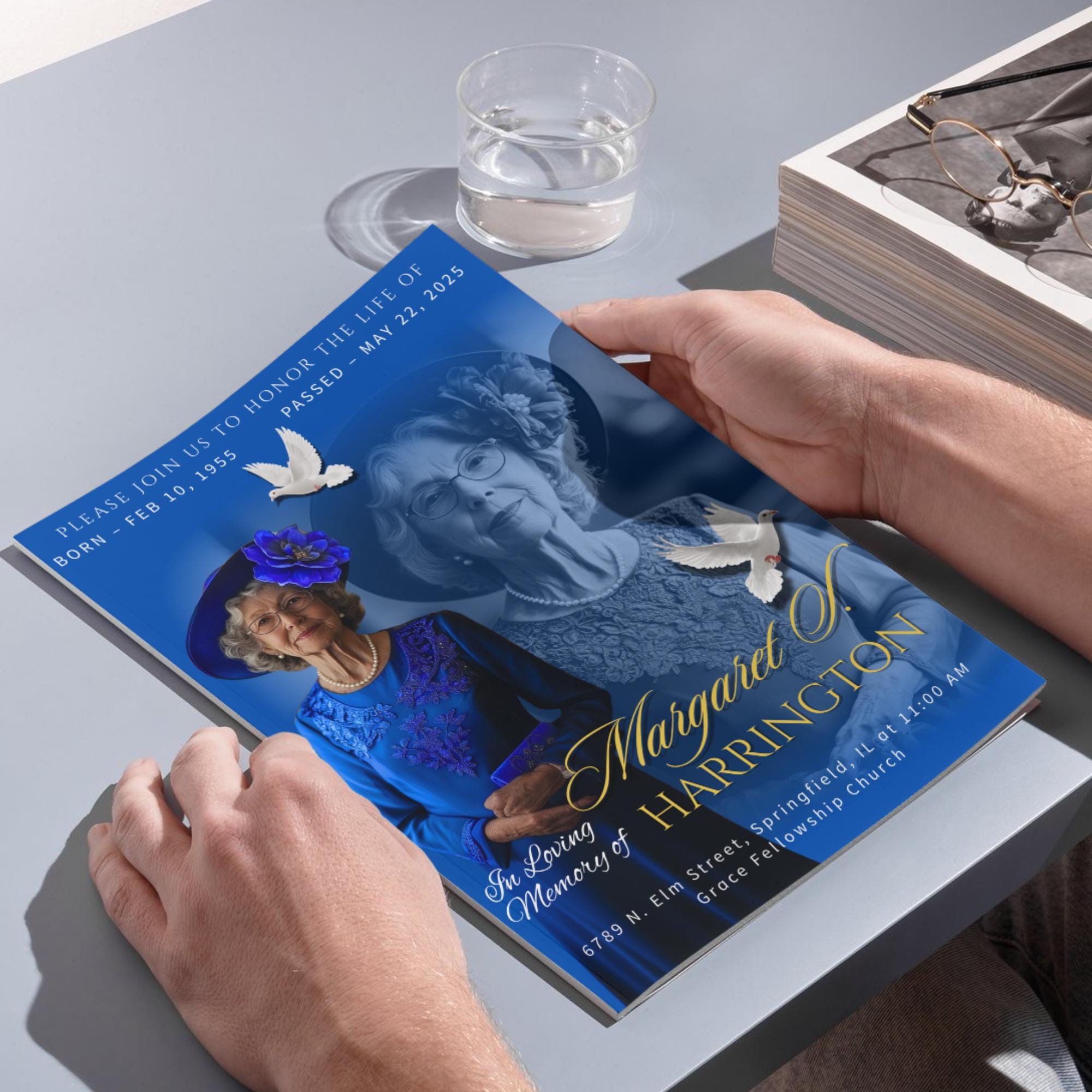 4 Pages Memorial Blue Funeral Announcement Flyer Canva Template, In Loving Memory Template, Funeral Memorial Template,Rest In Piece Template - Editable Memorial Canva Template
