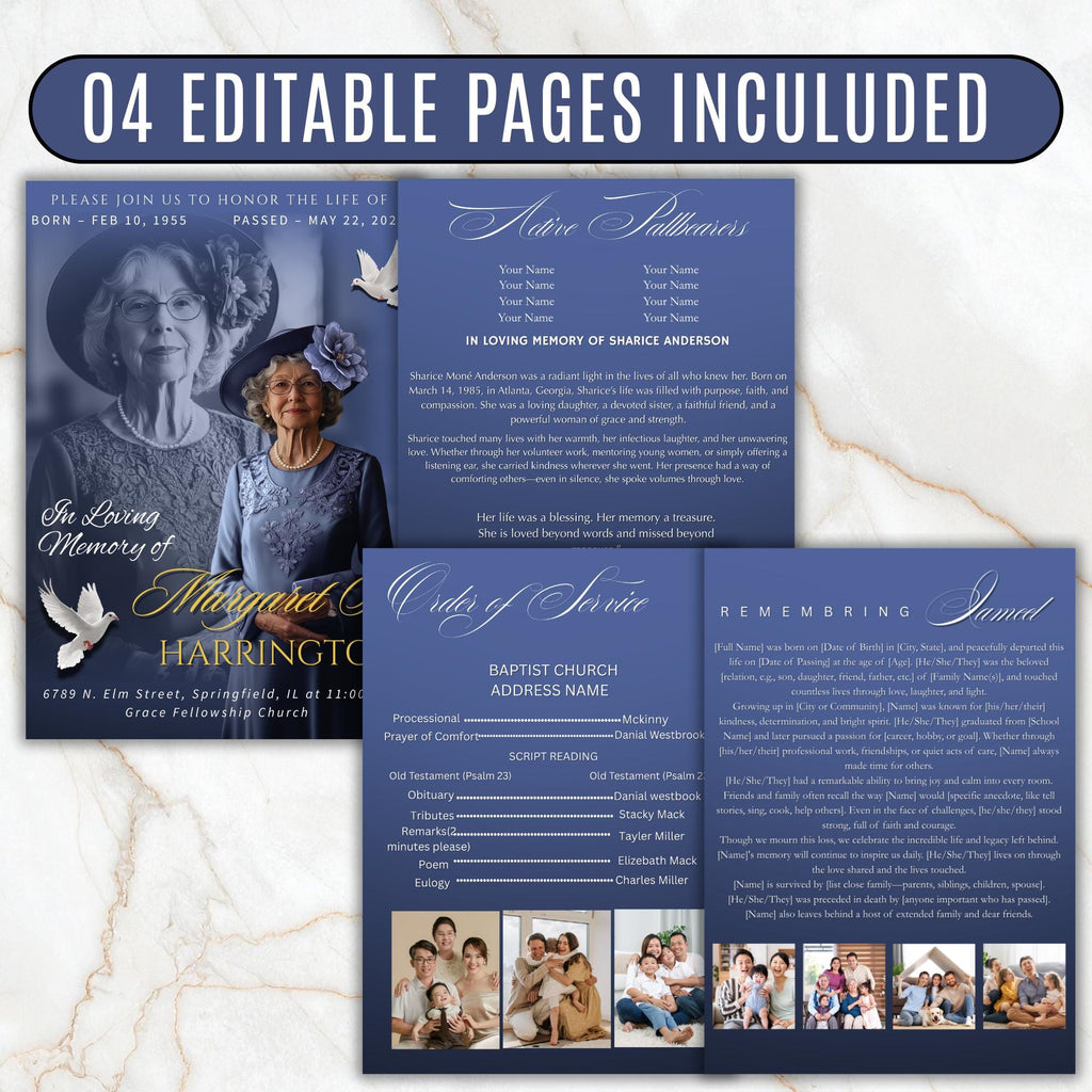 4 Pages In loving memory Funeral Program Template, Memorial Funeral Announcement Flyer , Funeral Memorial Template,Rest In Piece Template - Editable Memorial Canva Template