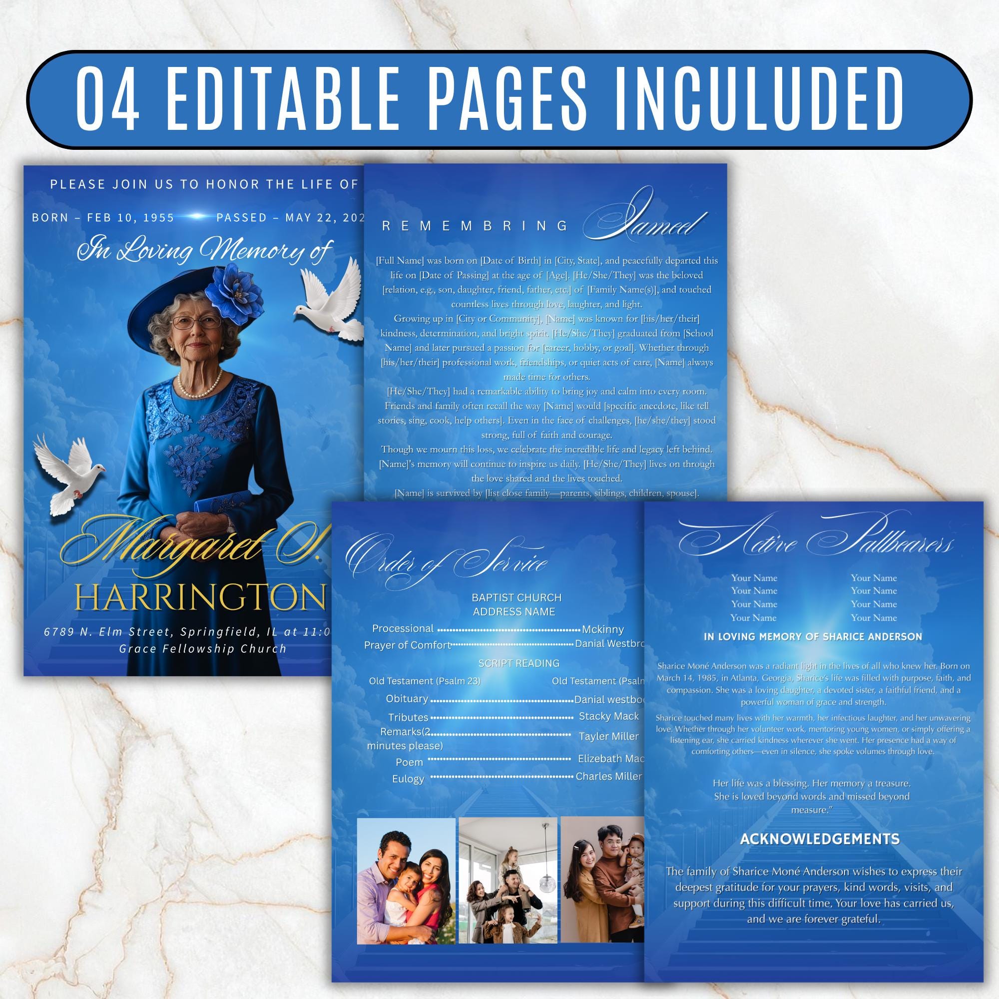 4 Pages In loving Memory Funeral Program Template, Memorial Funeral Announcement Flyer , Funeral Memorial Template,Rest In Piece Template - Editable Memorial Canva Template
