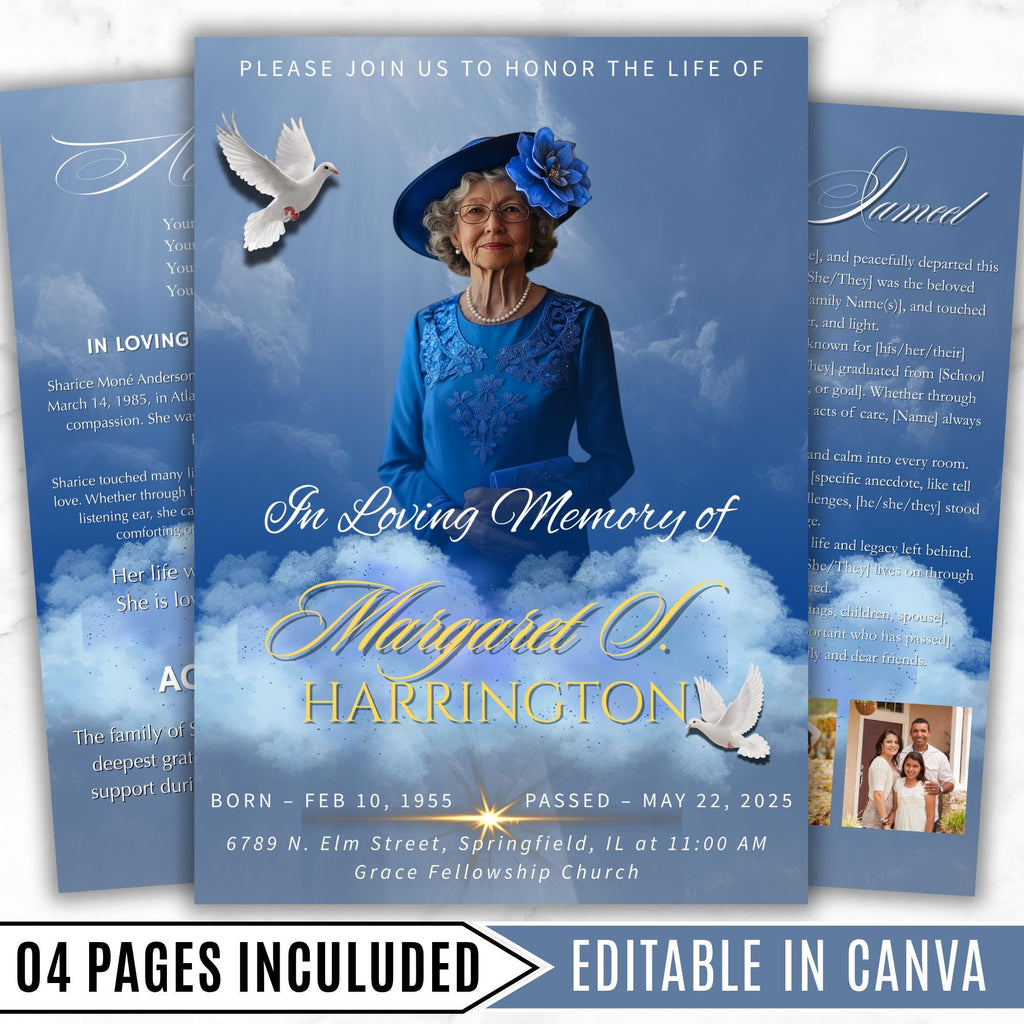 4 Pages In loving Memory Funeral Program Template, Memorial Funeral Announcement Flyer , Funeral Memorial Template,Rest In Piece Template - Editable Memorial Canva Template