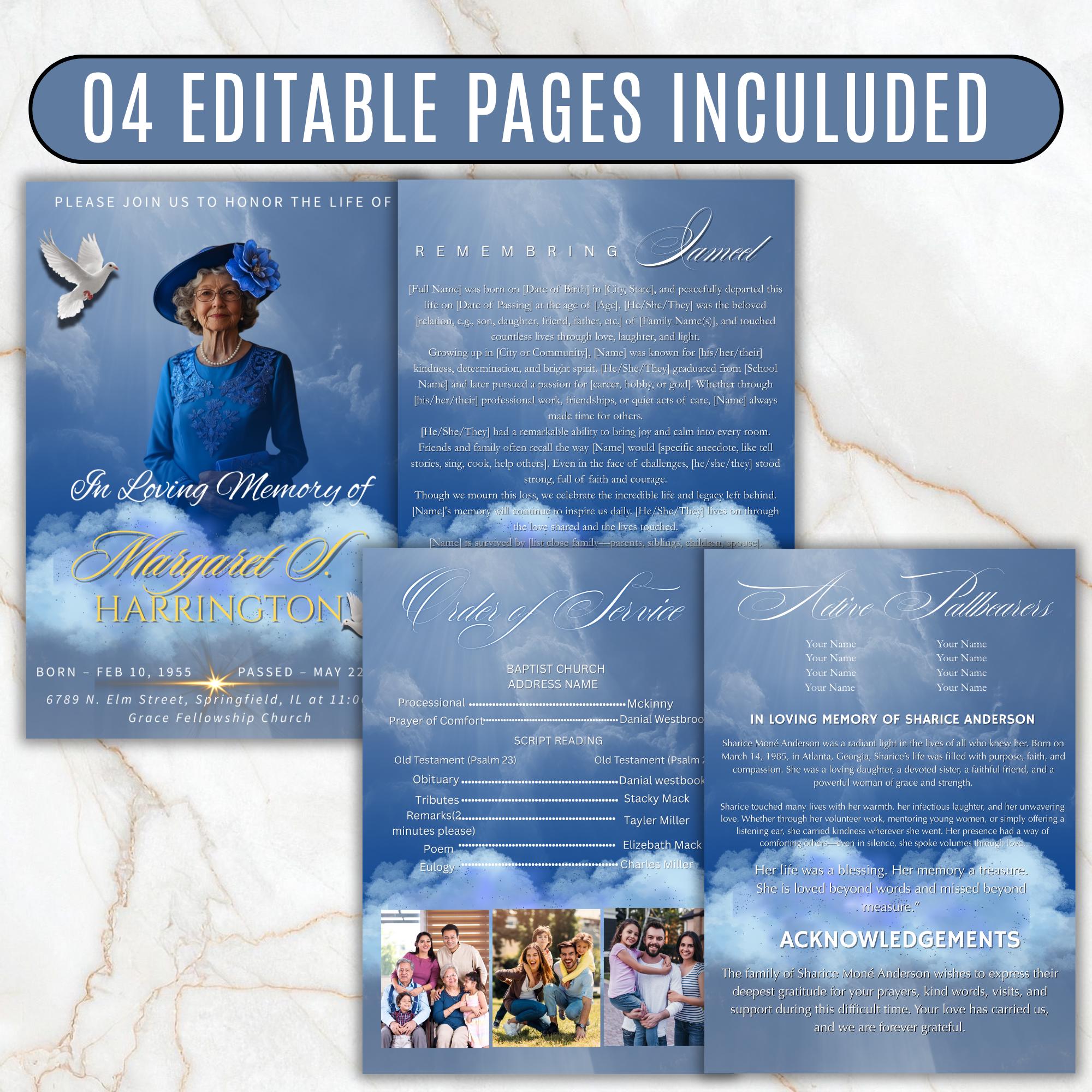 4 Pages In loving Memory Funeral Program Template, Memorial Funeral Announcement Flyer , Funeral Memorial Template,Rest In Piece Template - Editable Memorial Canva Template