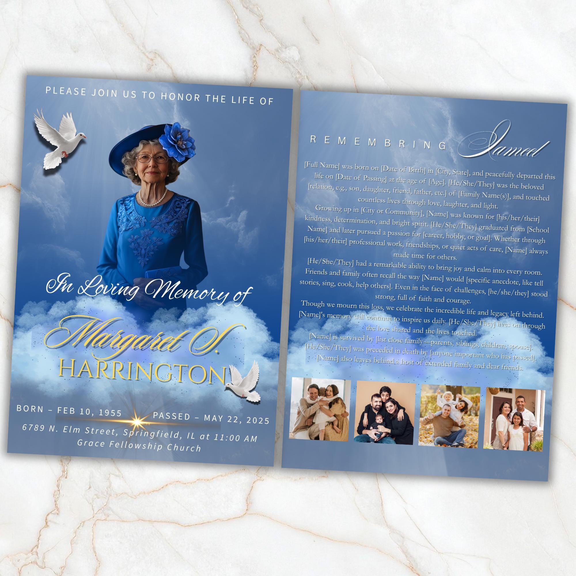 4 Pages In loving Memory Funeral Program Template, Memorial Funeral Announcement Flyer , Funeral Memorial Template,Rest In Piece Template - Editable Memorial Canva Template