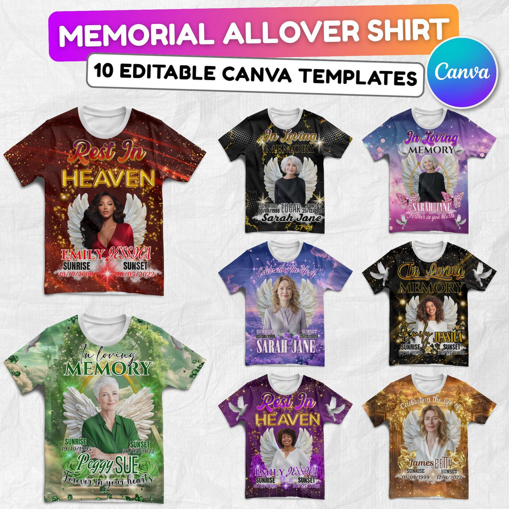 10 Rest In Heaven T Shirt Canva Editable Templates, In Loving Memory Templates, Memorial Canva Template, Funeral & Celebration of Life - Editable Memorial Canva Template