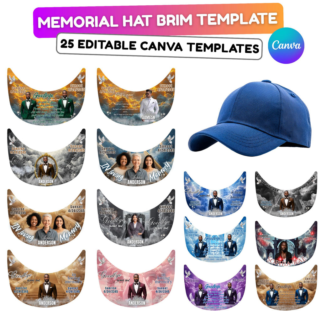 25 Editable Memorial Hat Brim Template, in loving memory Hat Brim Template, memorial Canva template, Remembrance Favor, Digital Download - Editable Memorial Canva Template