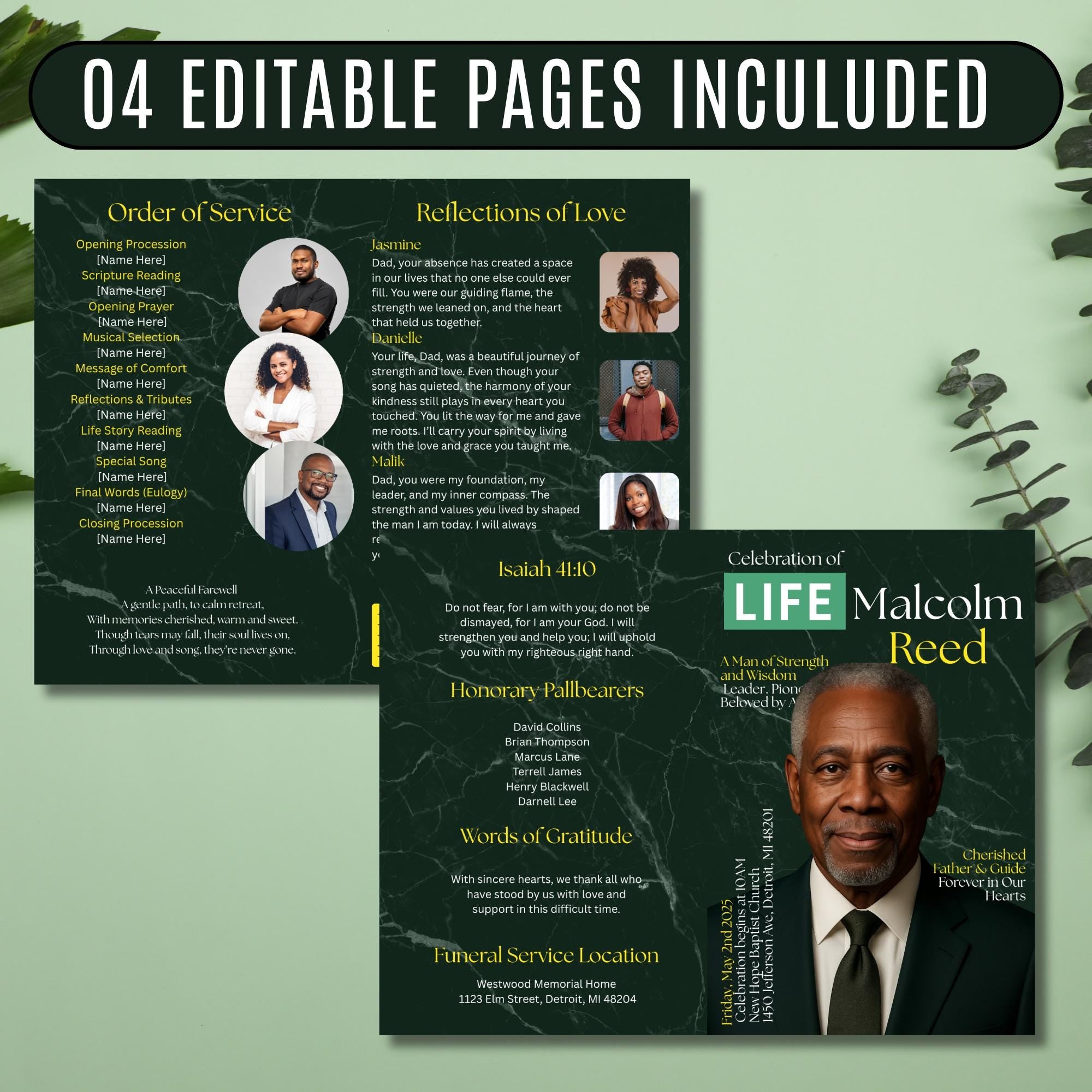 04 Pages Funeral Program Template, Bi-Fold Funeral Program, Obituary Celebration Of Life Program, Digital Download - Editable Memorial Canva Template