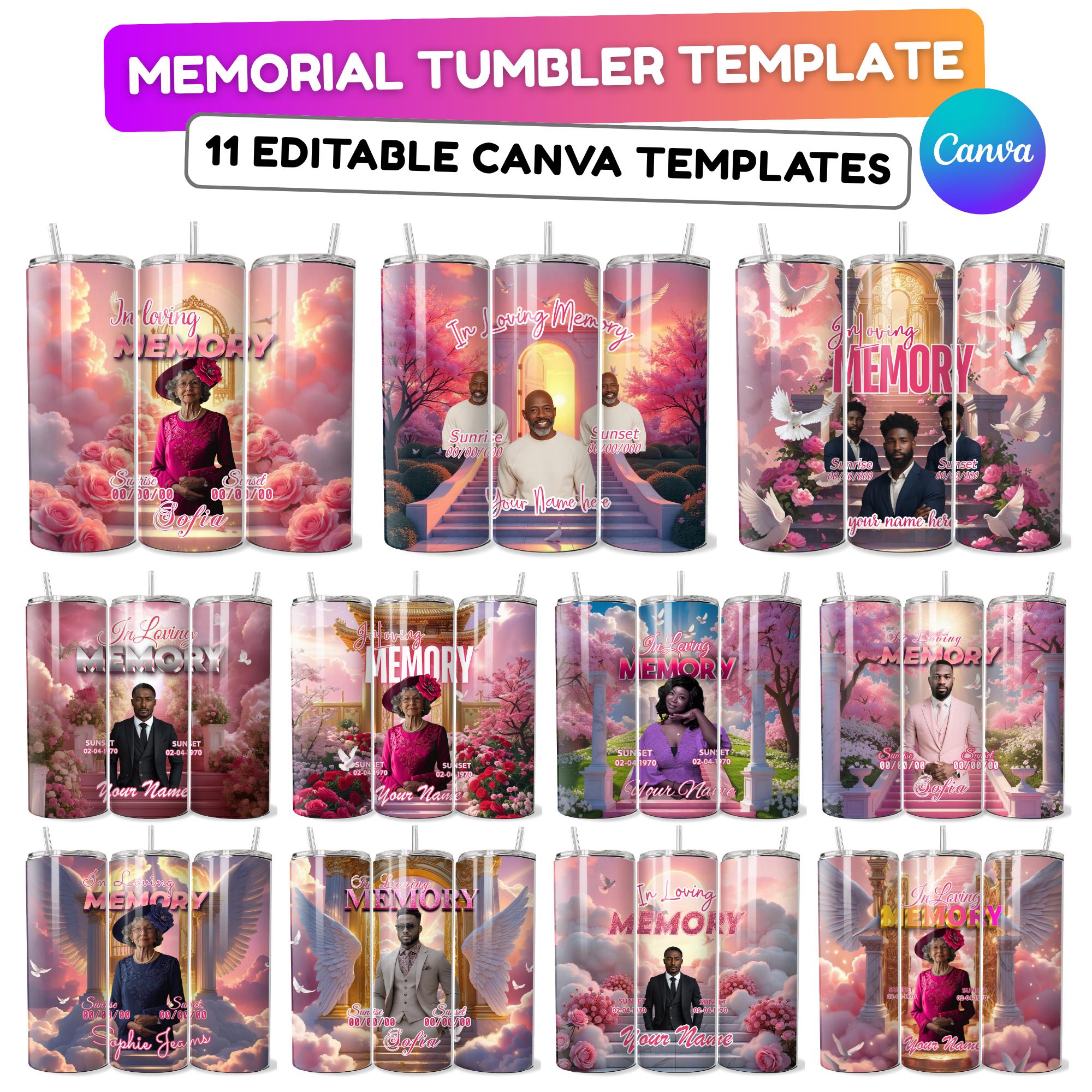 20 Memorial Pink Tumbler Canva Editable Template Bundle, Canva Editable Template, In Loving Memory Pink Tumbler, Add your Own Photo - Editable Memorial Canva Template