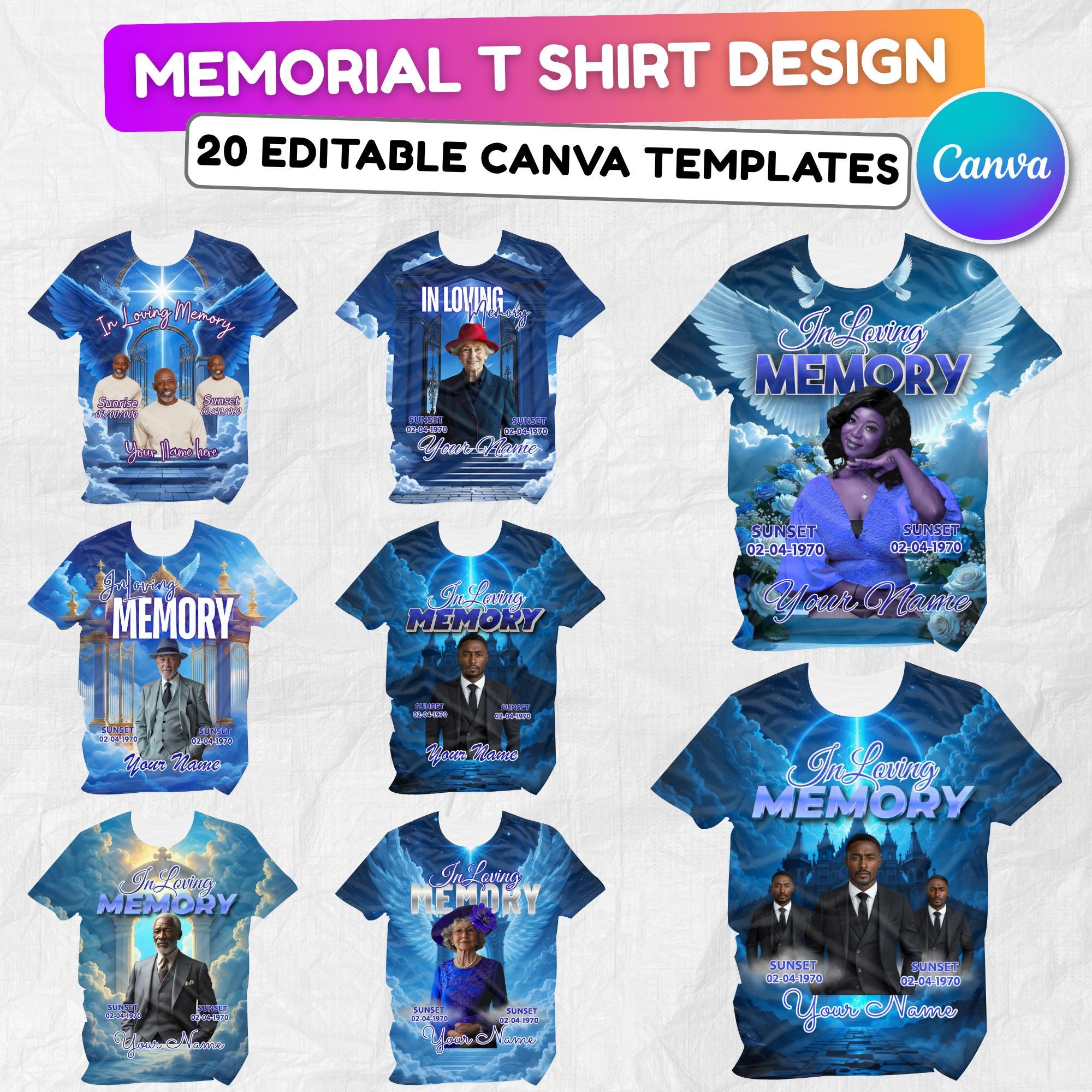 20 In Loving Memory Blue Canva Editable All Over T Shirt Templates, In Loving Memory Template, Rest in Peace, Memorial Editable Shirt Design - Editable Memorial Canva Template